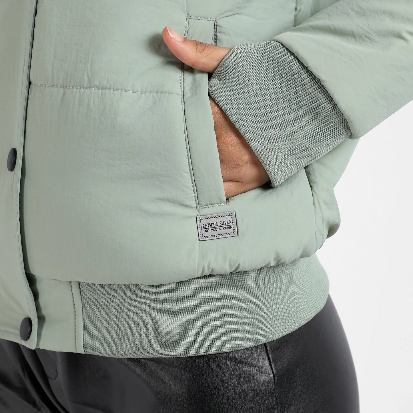 Sage Green Quilted Bomber Jacket With Ribbed Hem