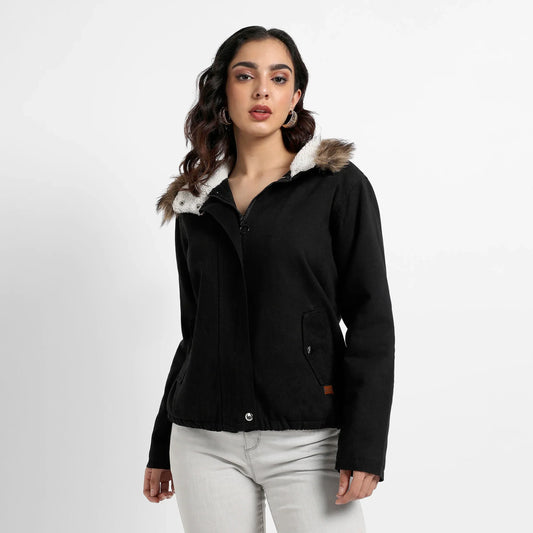Black Zip-Front Jacket With Fur Details