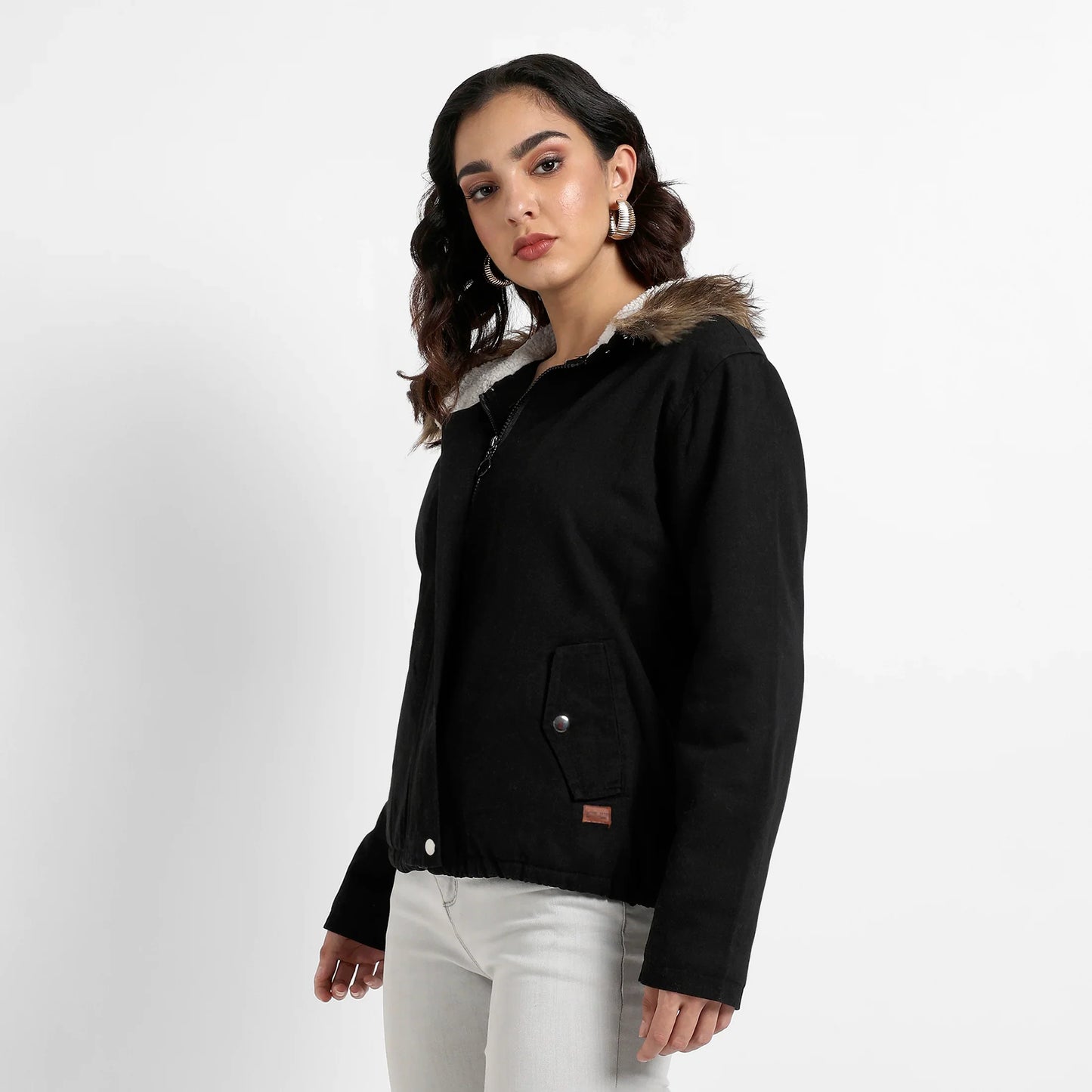 Black Zip-Front Jacket With Fur Details
