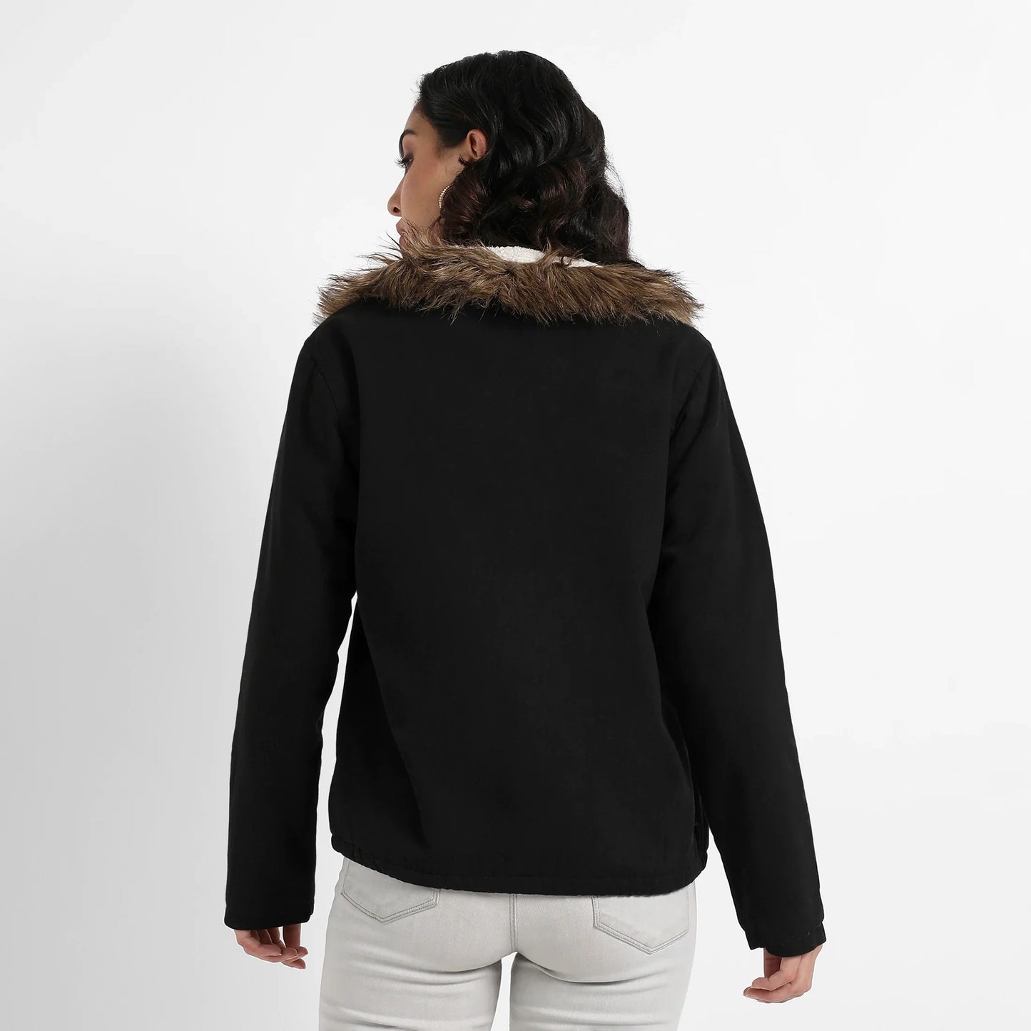 Black Zip-Front Jacket With Fur Details