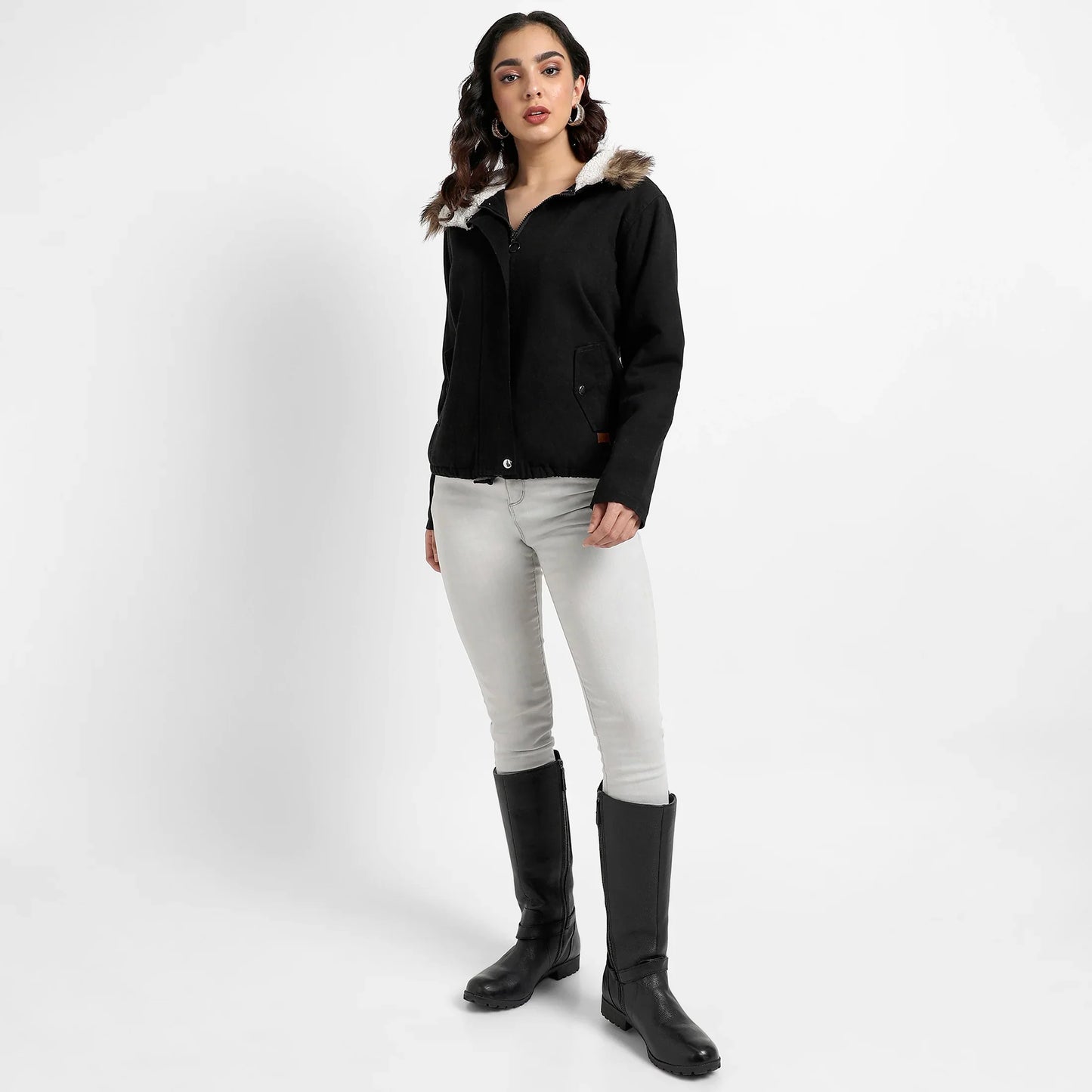 Black Zip-Front Jacket With Fur Details