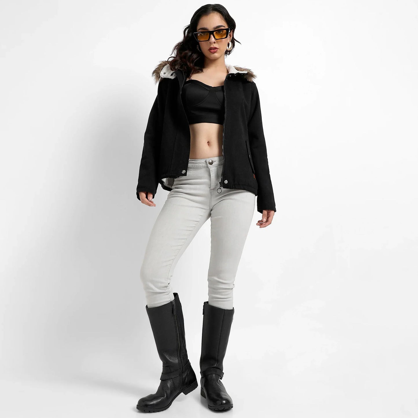 Black Zip-Front Jacket With Fur Details