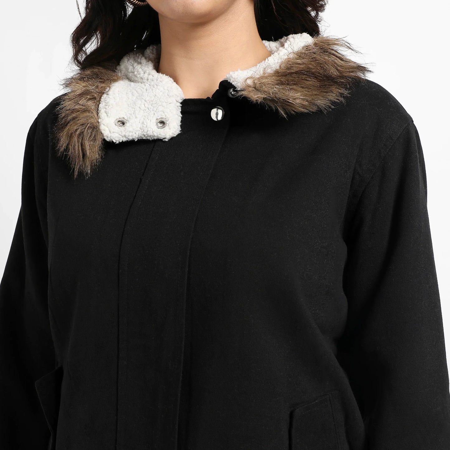 Black Zip-Front Jacket With Fur Details