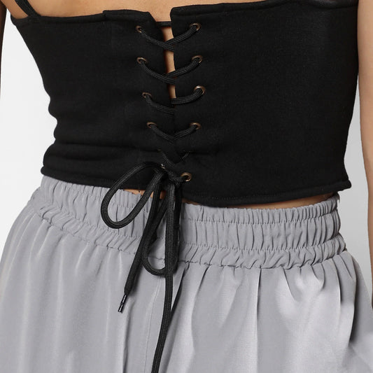 Carbon Black Corset Top With Ultra Cropped Hoodie