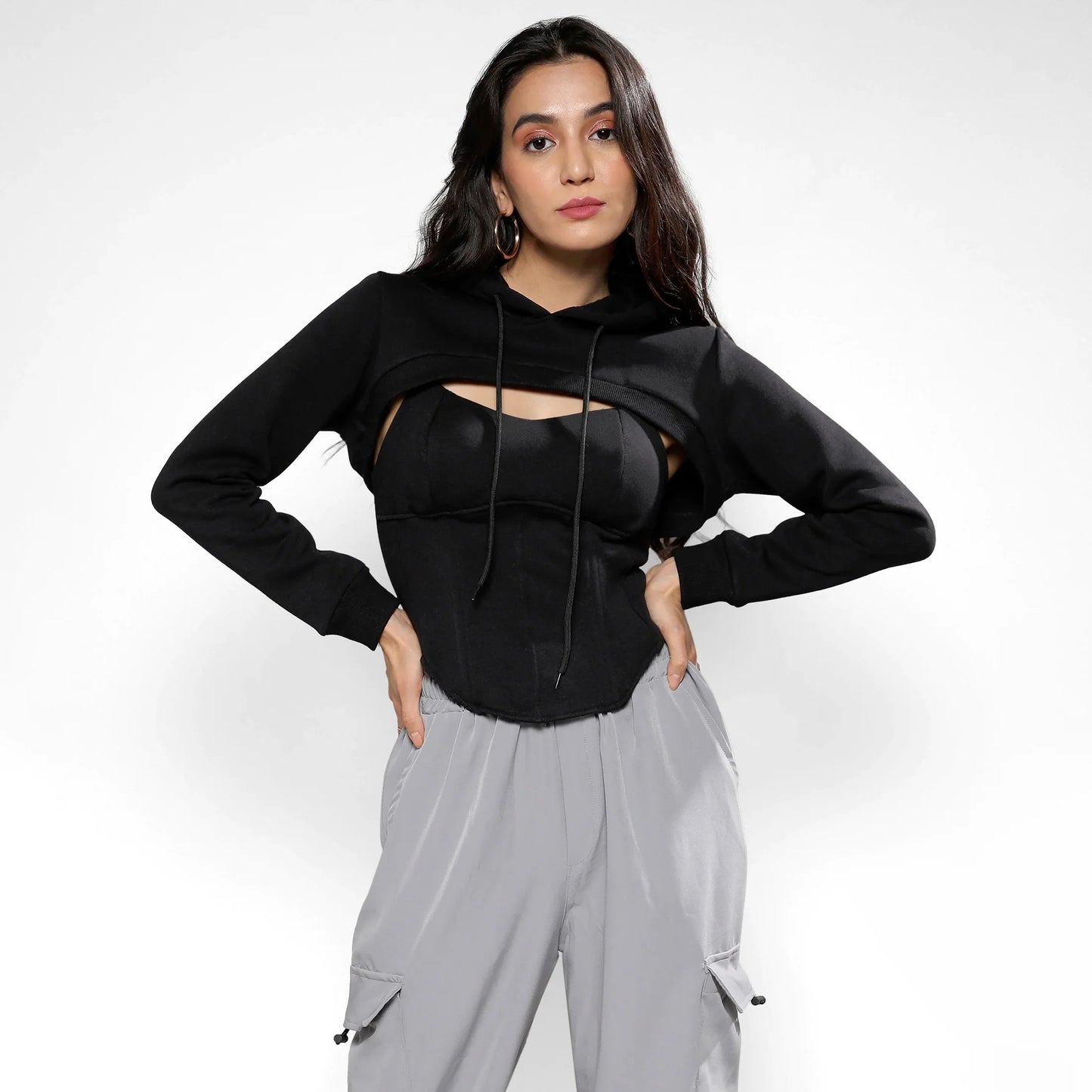 Carbon Black Corset Top With Ultra Cropped Hoodie