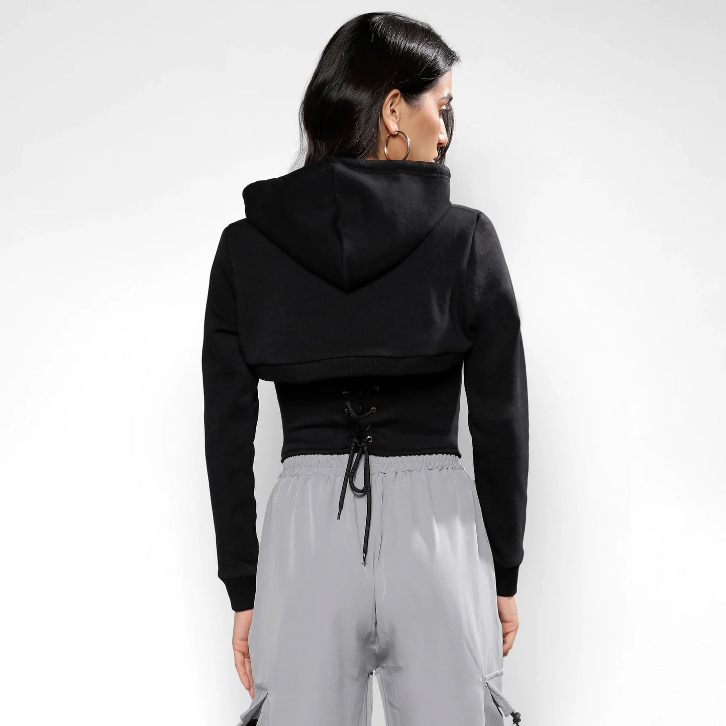 Carbon Black Corset Top With Ultra Cropped Hoodie