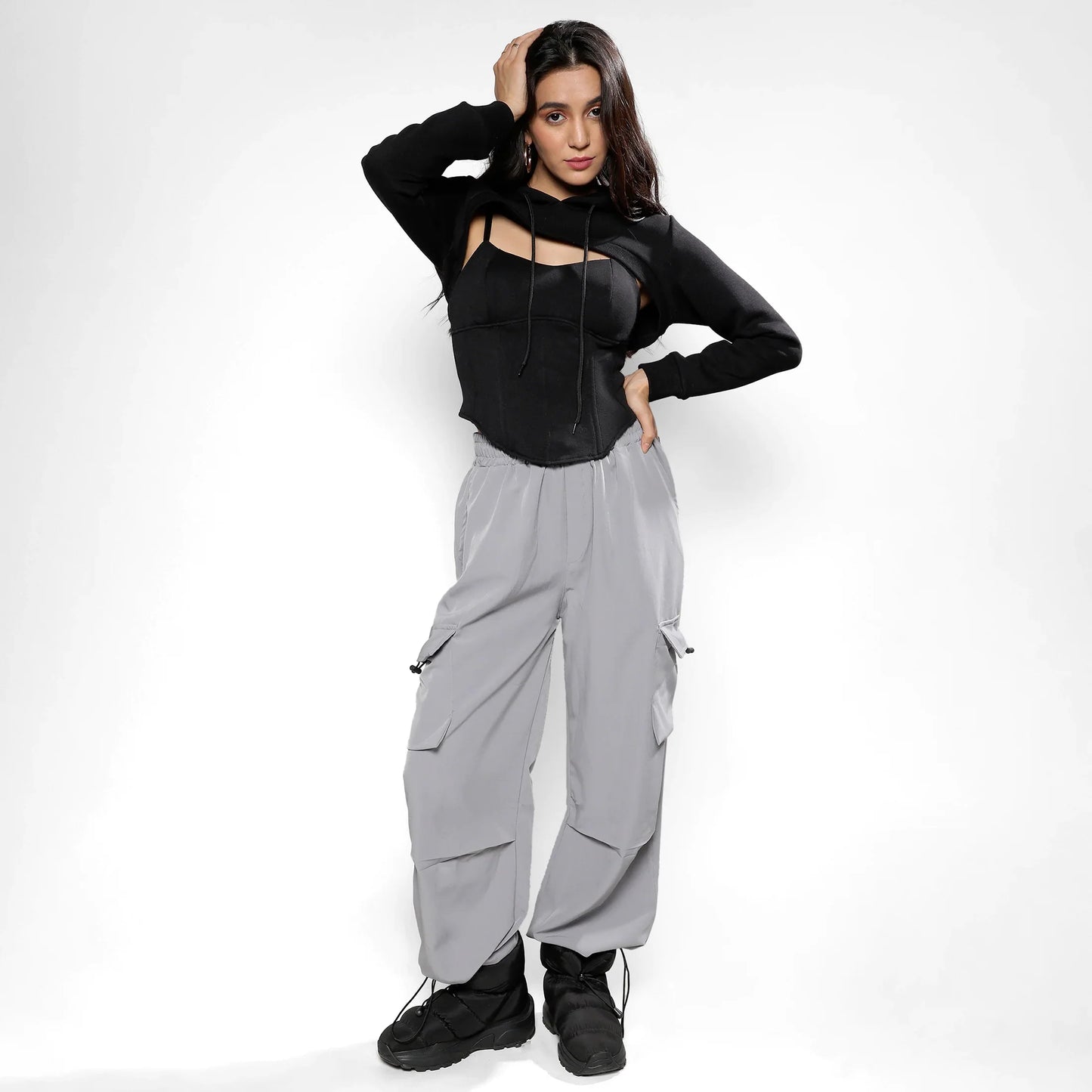 Carbon Black Corset Top With Ultra Cropped Hoodie