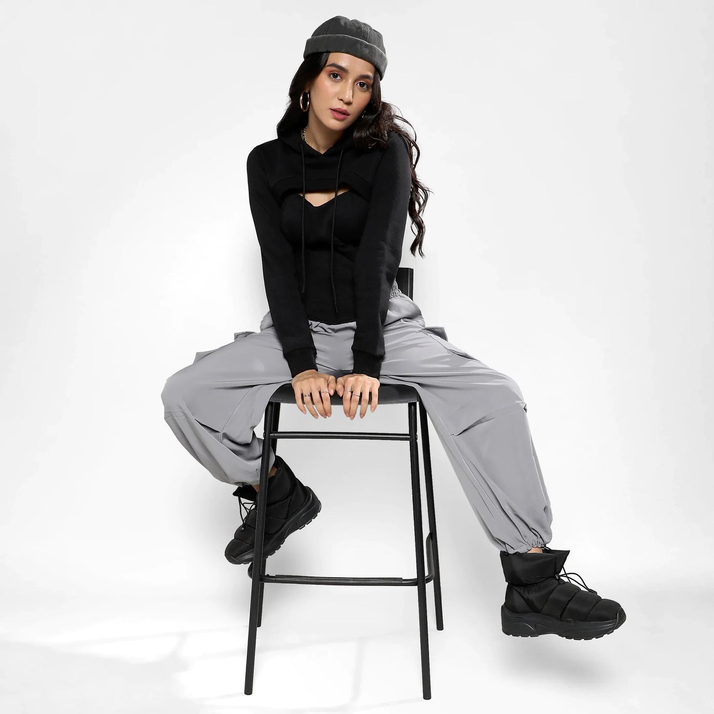 Carbon Black Corset Top With Ultra Cropped Hoodie