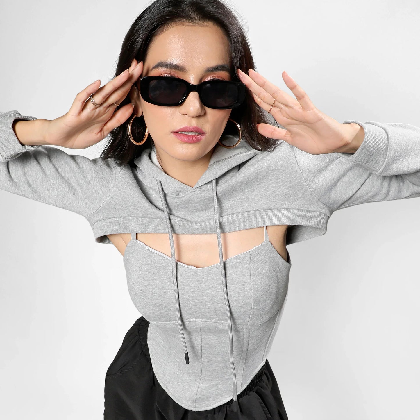 Light Grey Corset Top With Ultra Cropped Hoodie
