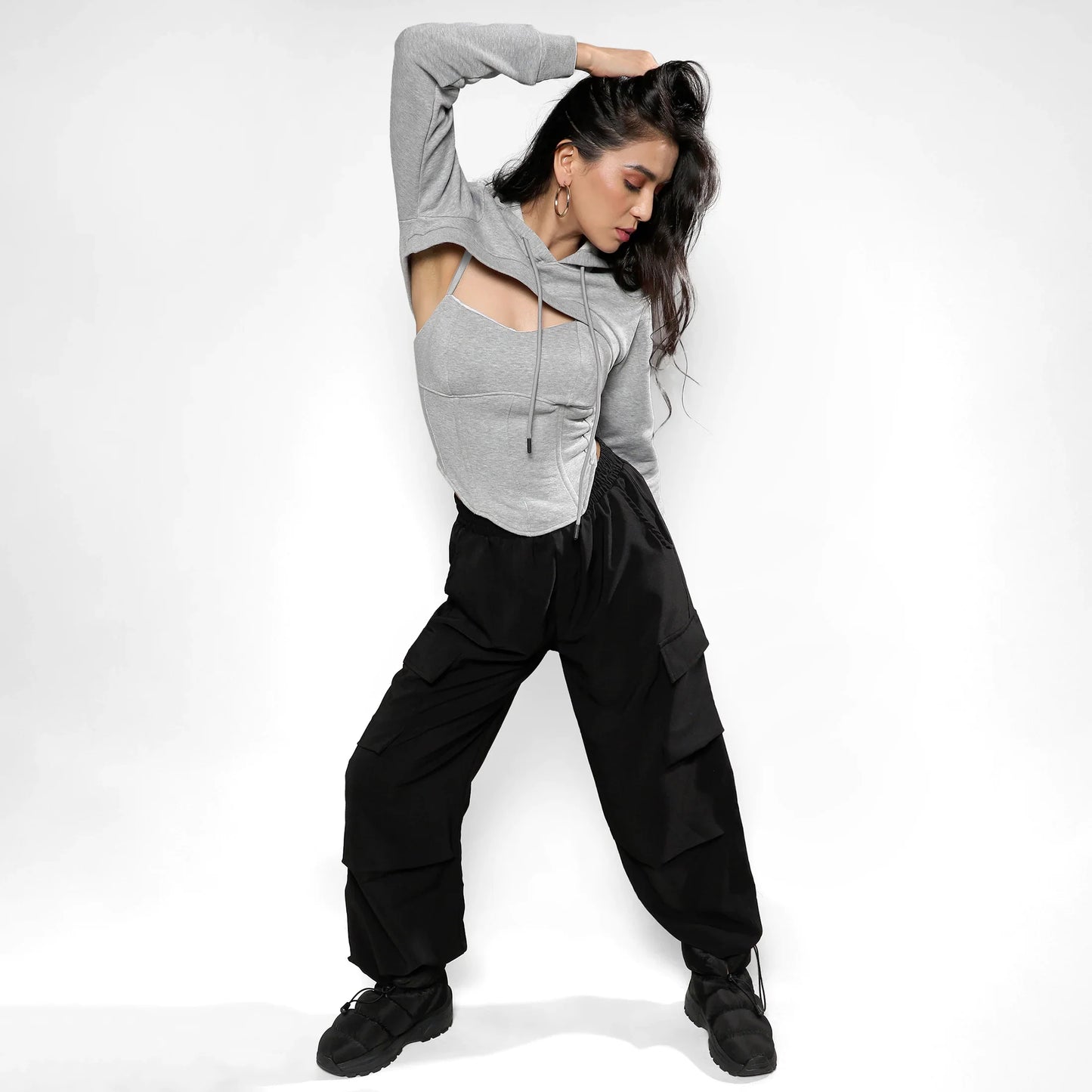 Light Grey Corset Top With Ultra Cropped Hoodie
