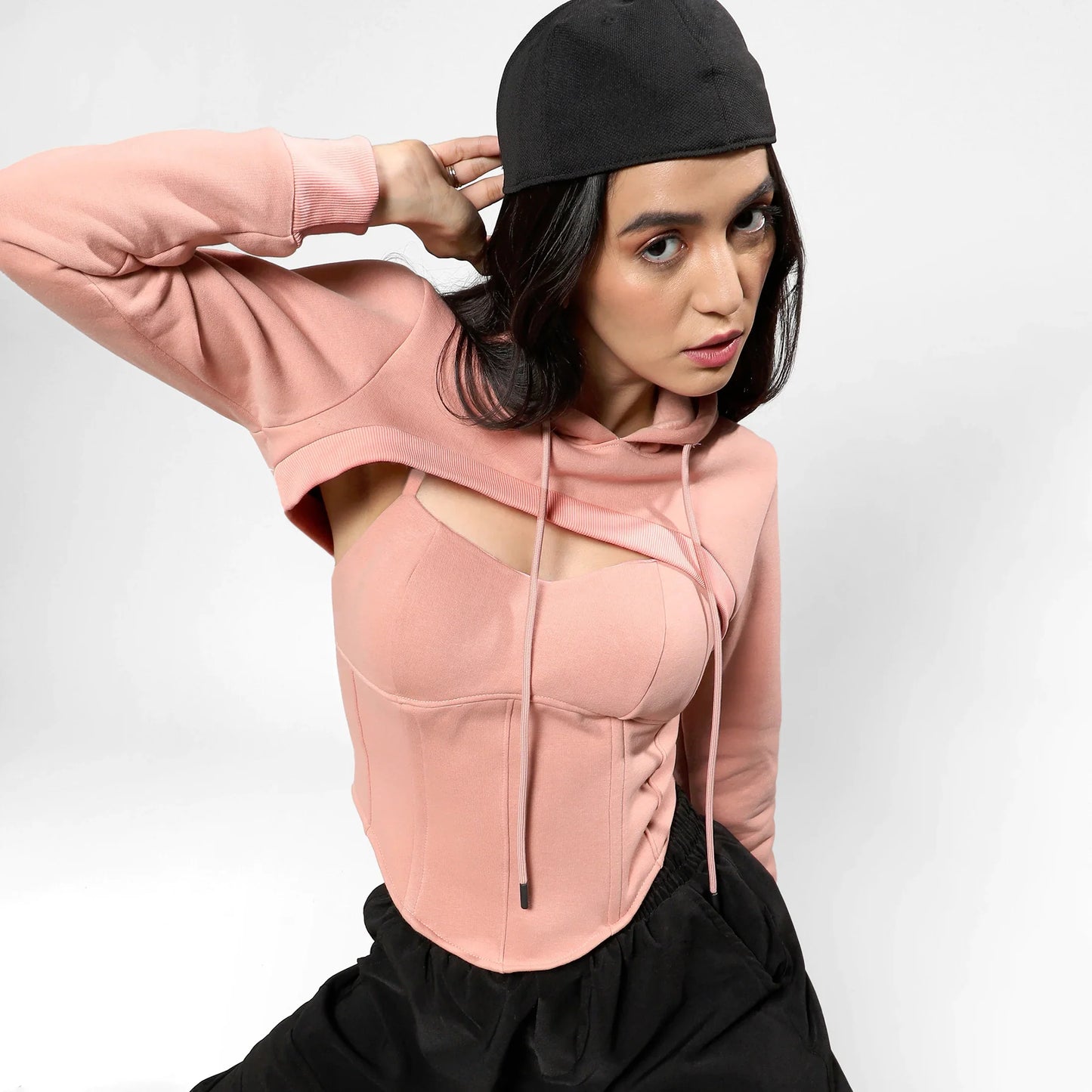 Nude Pink Corset Top With Ultra Cropped Hoodie