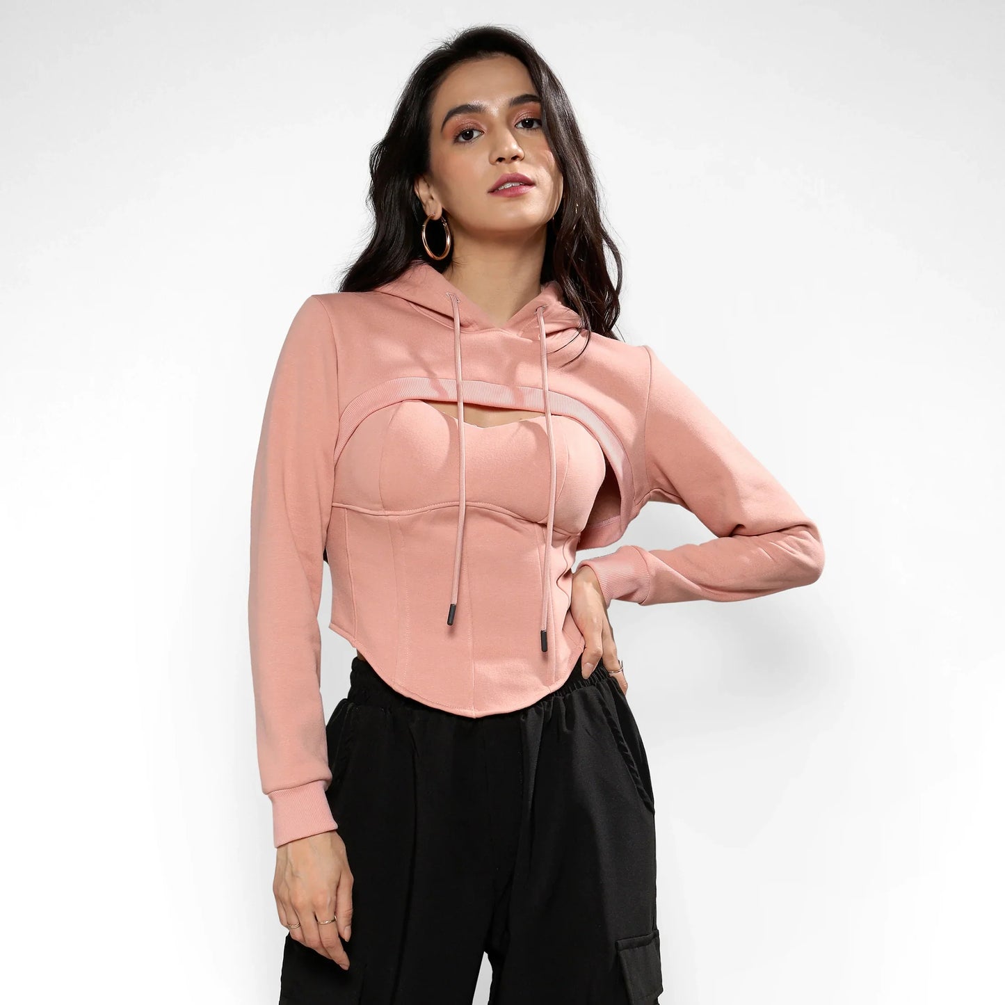 Nude Pink Corset Top With Ultra Cropped Hoodie