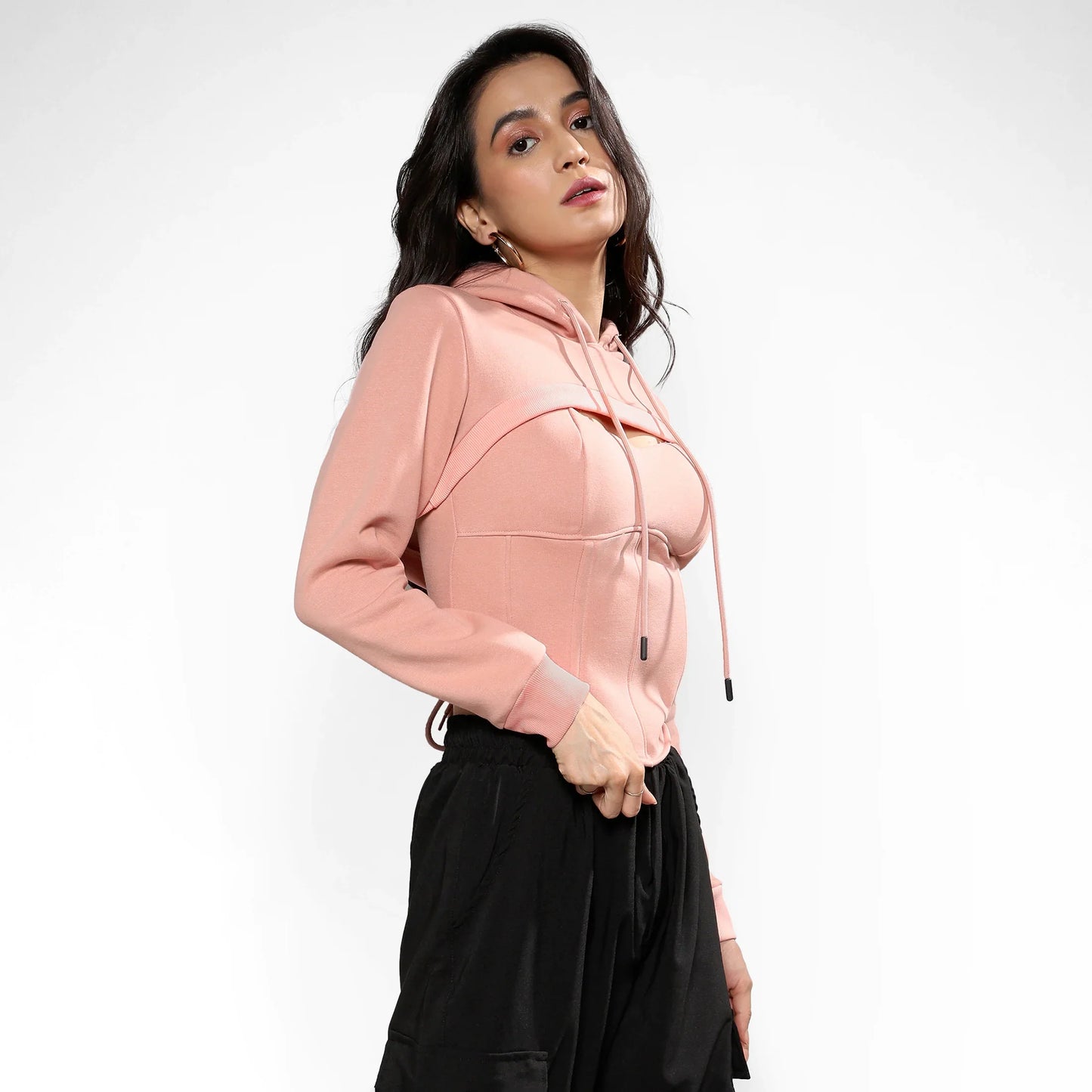 Nude Pink Corset Top With Ultra Cropped Hoodie