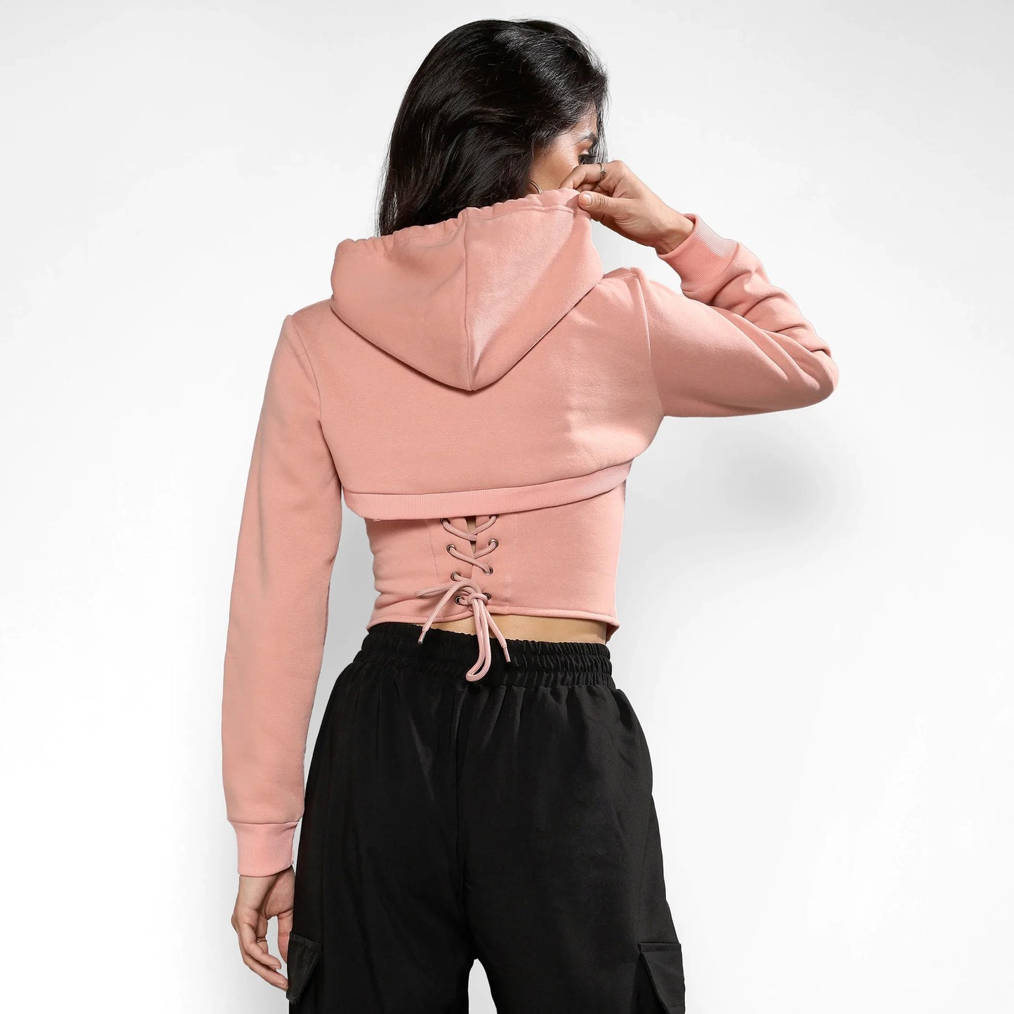Nude Pink Corset Top With Ultra Cropped Hoodie