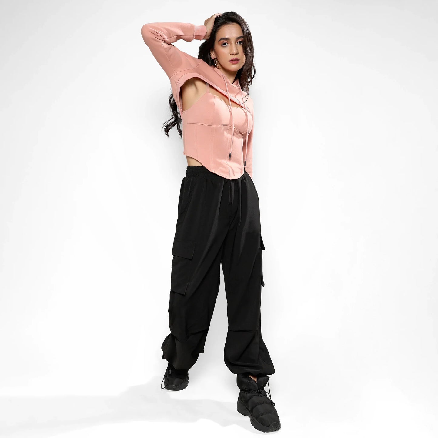 Nude Pink Corset Top With Ultra Cropped Hoodie