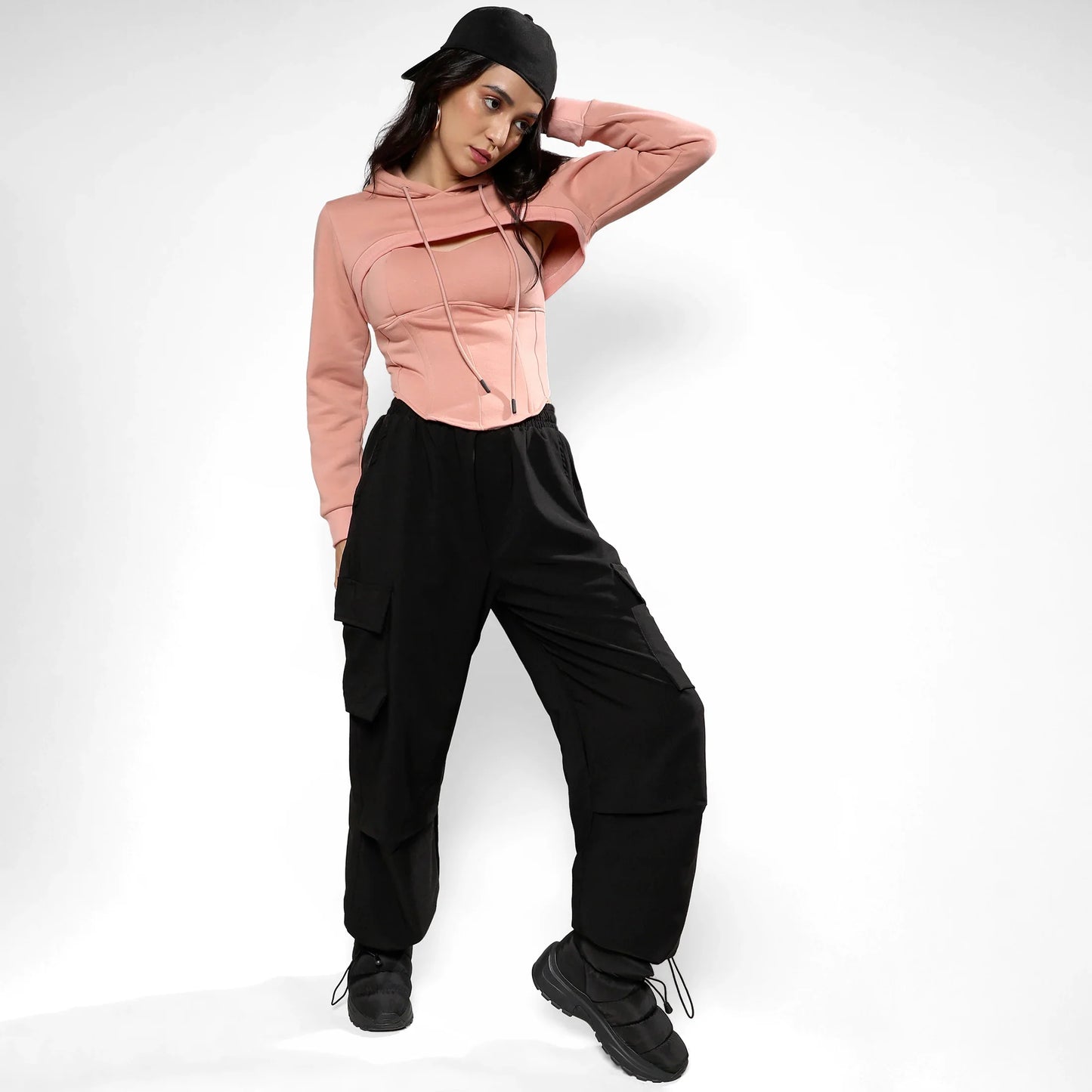 Nude Pink Corset Top With Ultra Cropped Hoodie