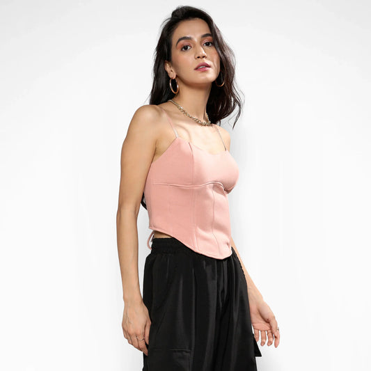 Nude Pink Corset Top With Ultra Cropped Hoodie