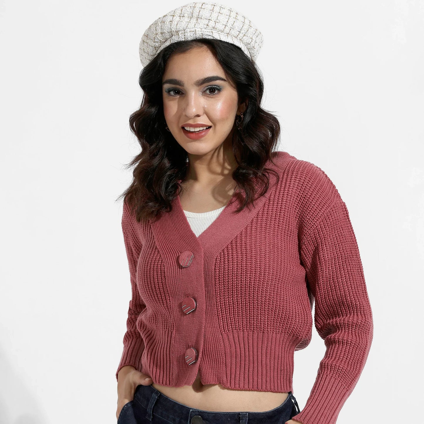 Blush Pink Solid Ribbed Cropped Cardigan