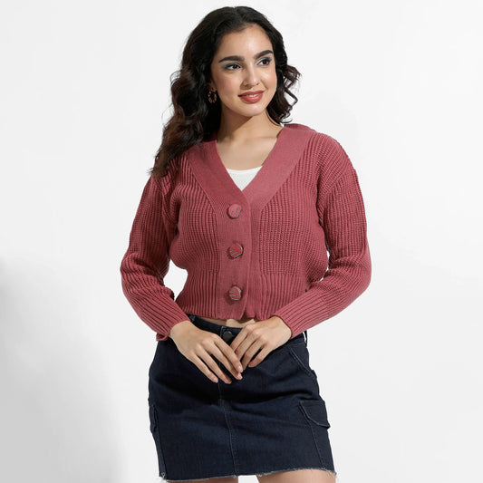Blush Pink Solid Ribbed Cropped Cardigan