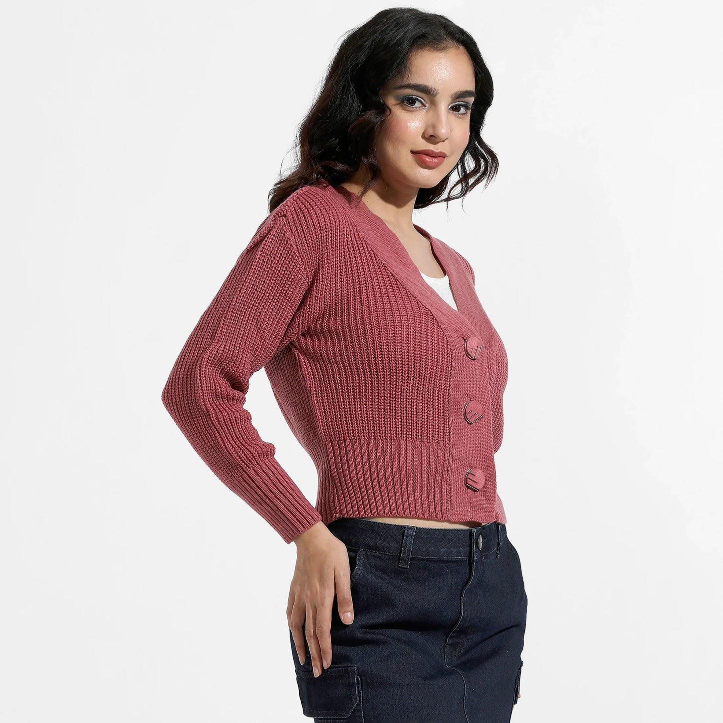 Blush Pink Solid Ribbed Cropped Cardigan