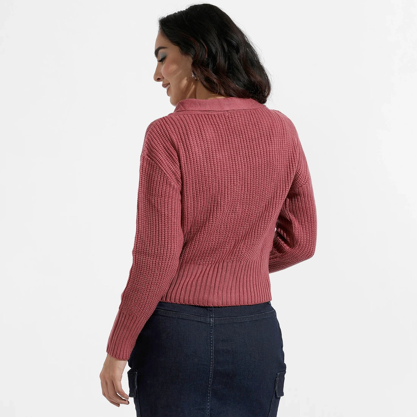 Blush Pink Solid Ribbed Cropped Cardigan