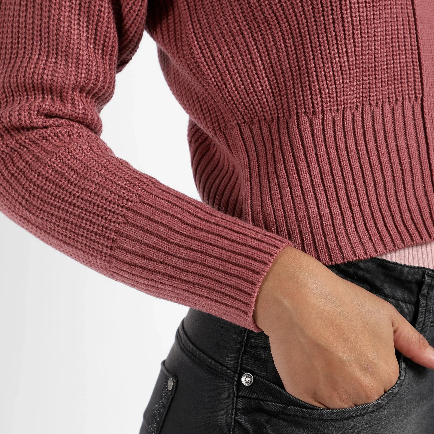 Blush Pink Solid Ribbed Cropped Cardigan