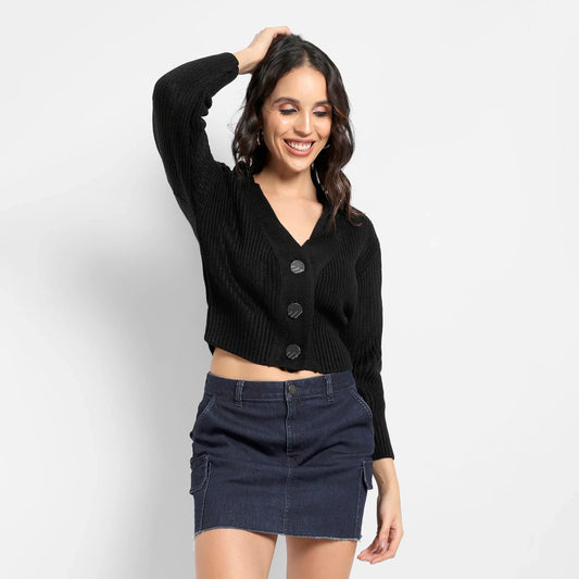 Black Solid Ribbed Cropped Cardigan