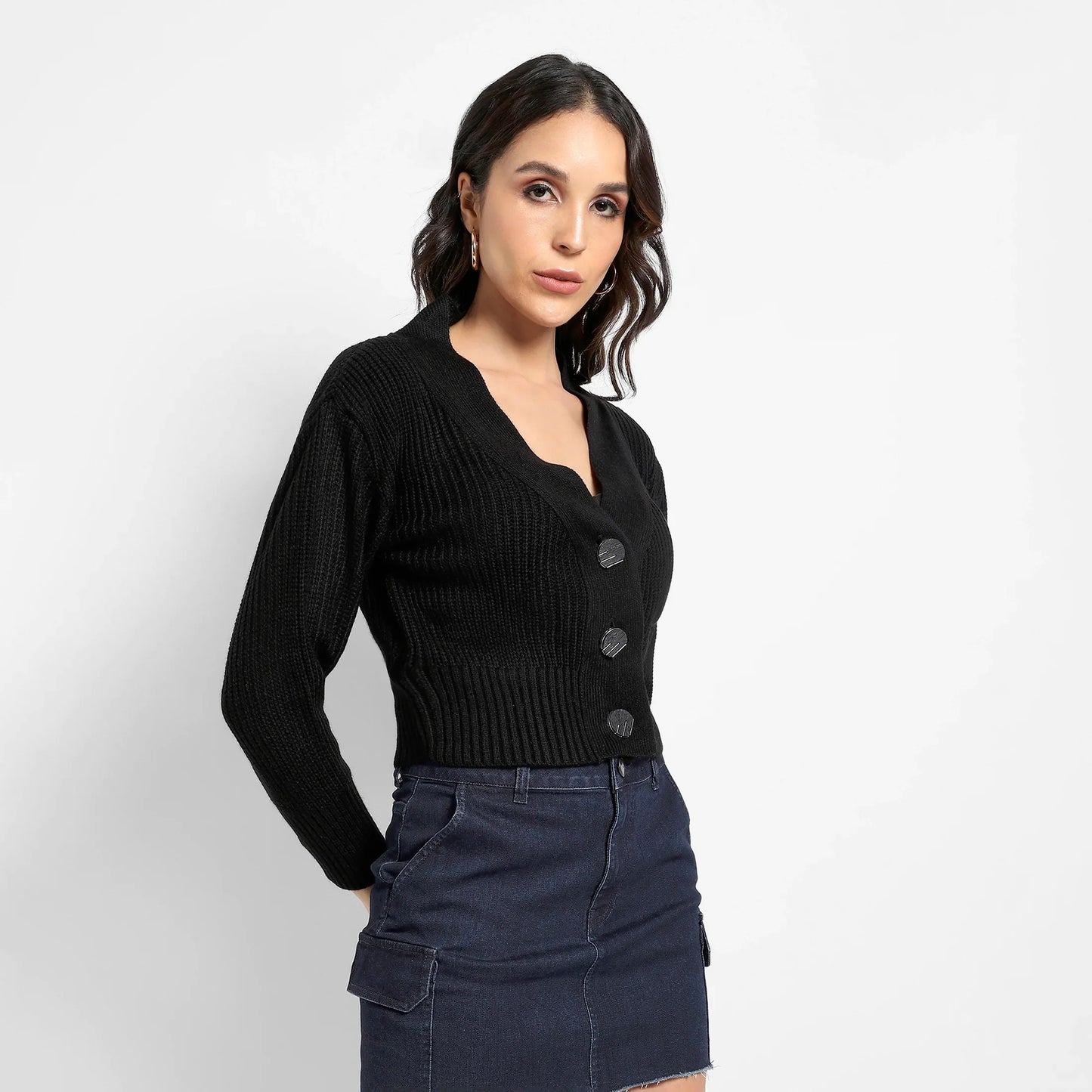 Black Solid Ribbed Cropped Cardigan