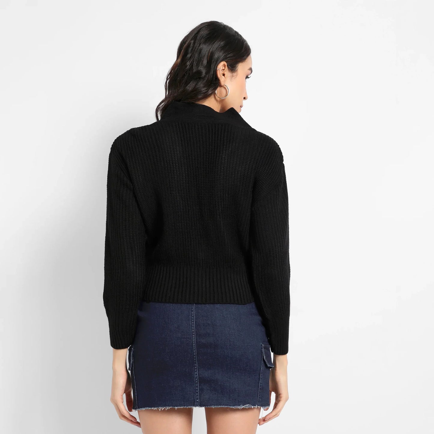 Black Solid Ribbed Cropped Cardigan