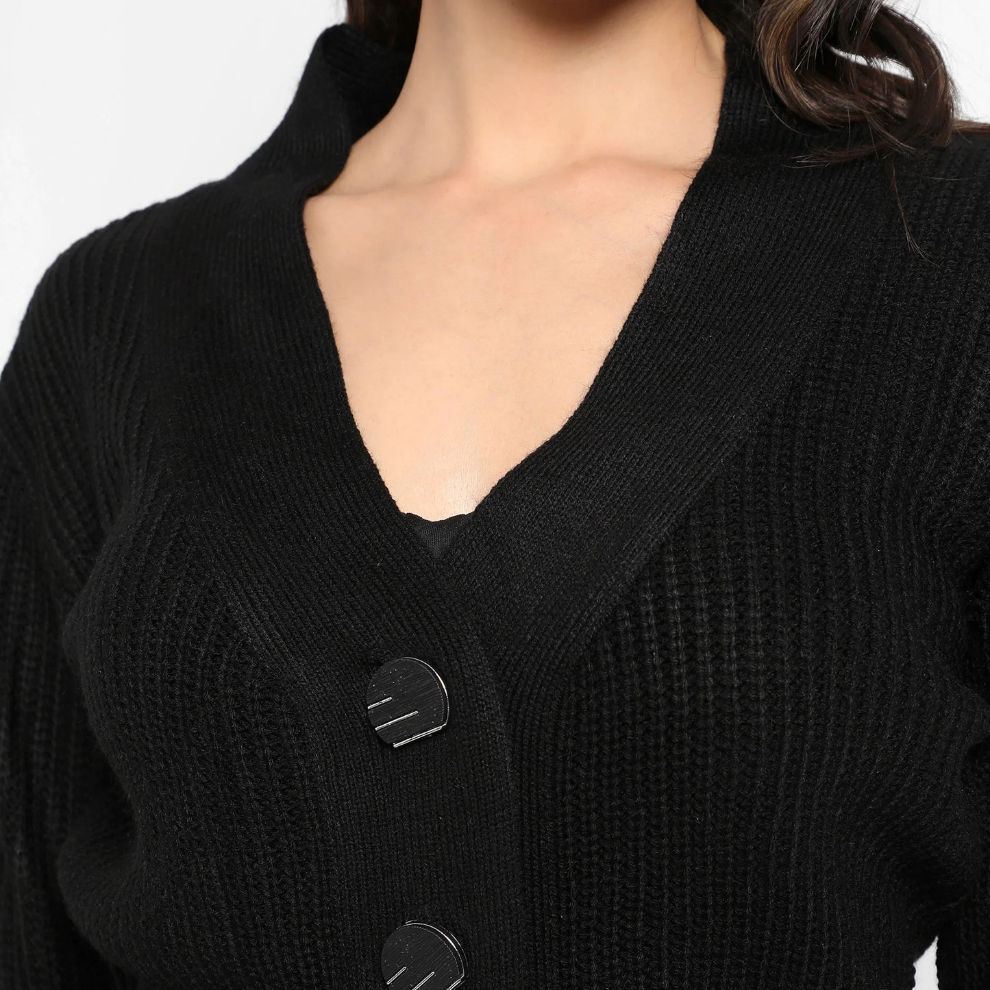 Black Solid Ribbed Cropped Cardigan
