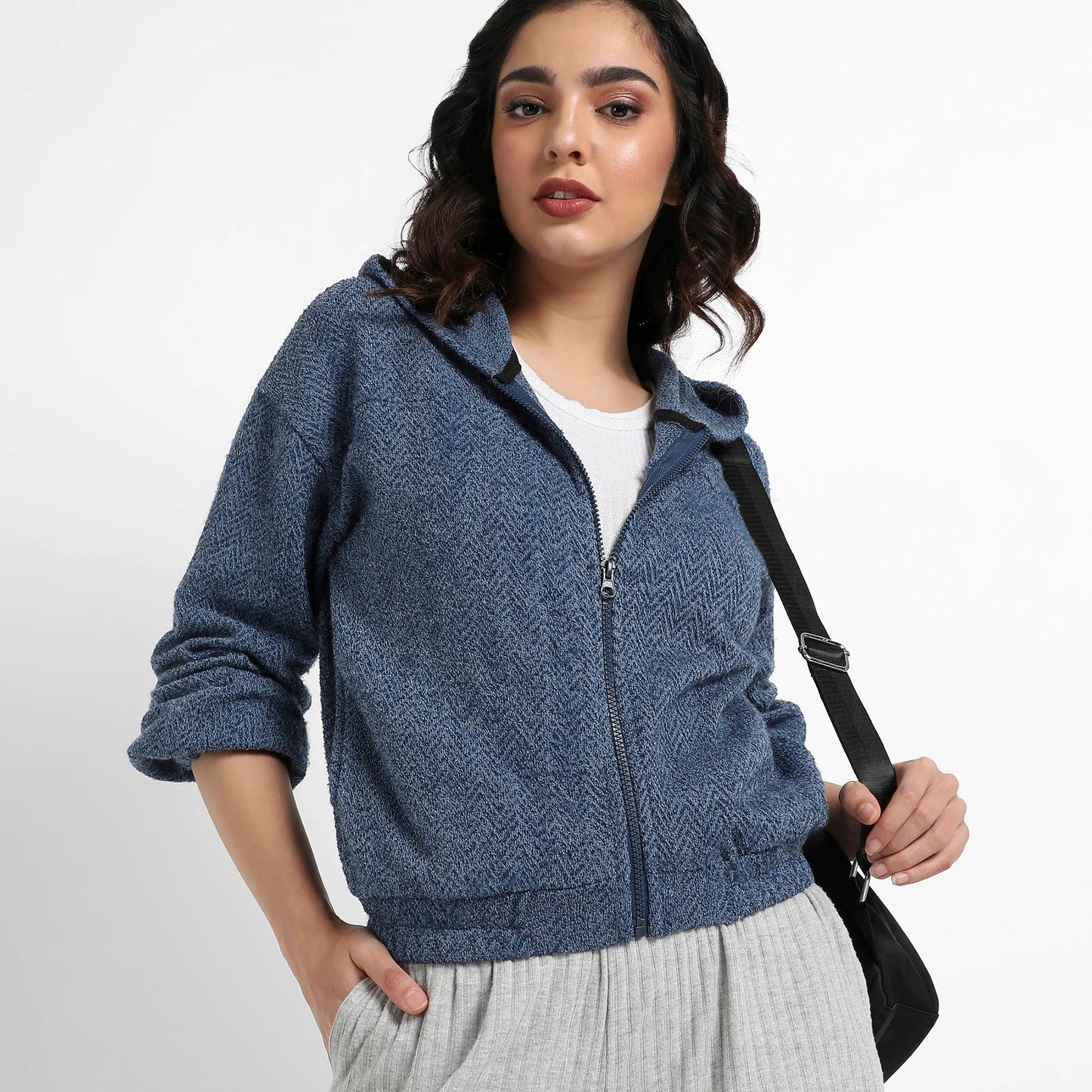 Prussian Blue Zip-Front Chevron Hoodie With Elasticated Hem
