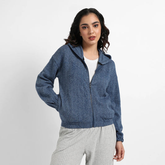 Prussian Blue Zip-Front Chevron Hoodie With Elasticated Hem