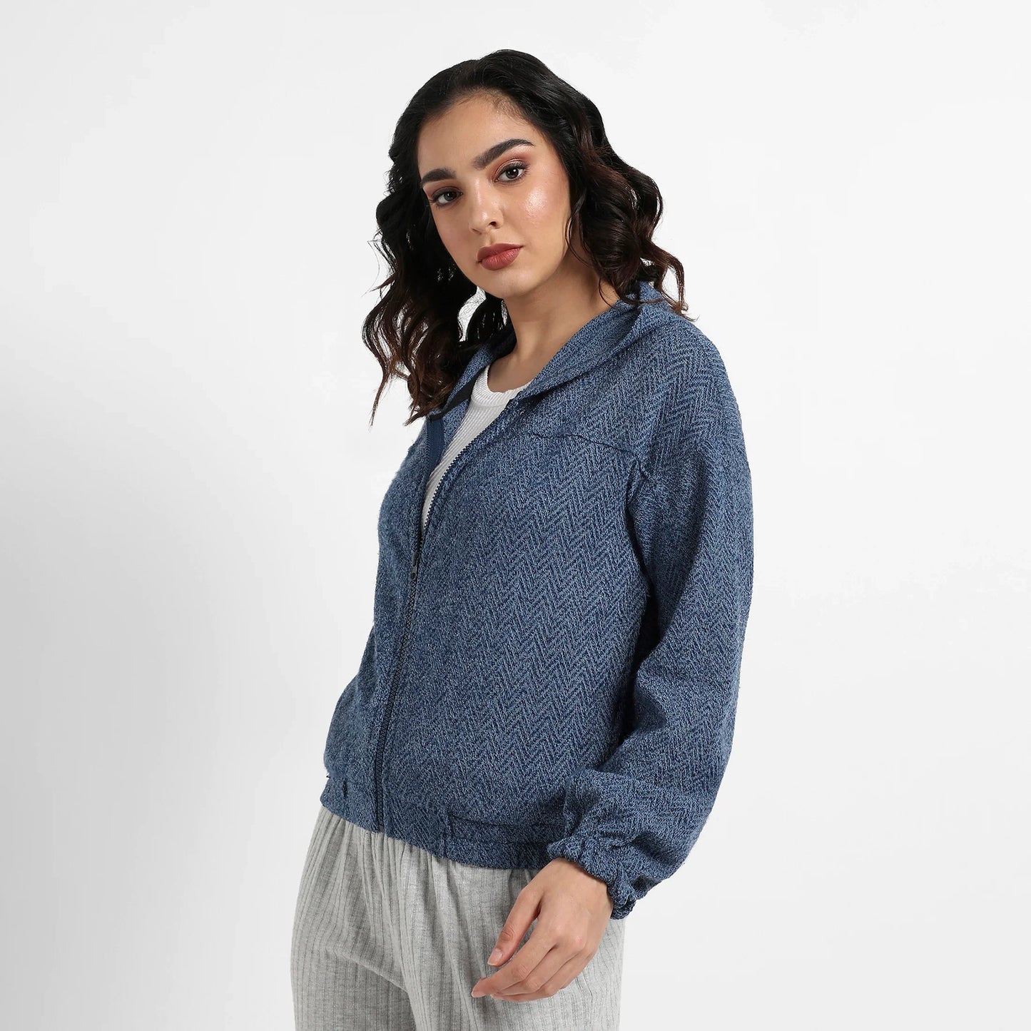 Prussian Blue Zip-Front Chevron Hoodie With Elasticated Hem