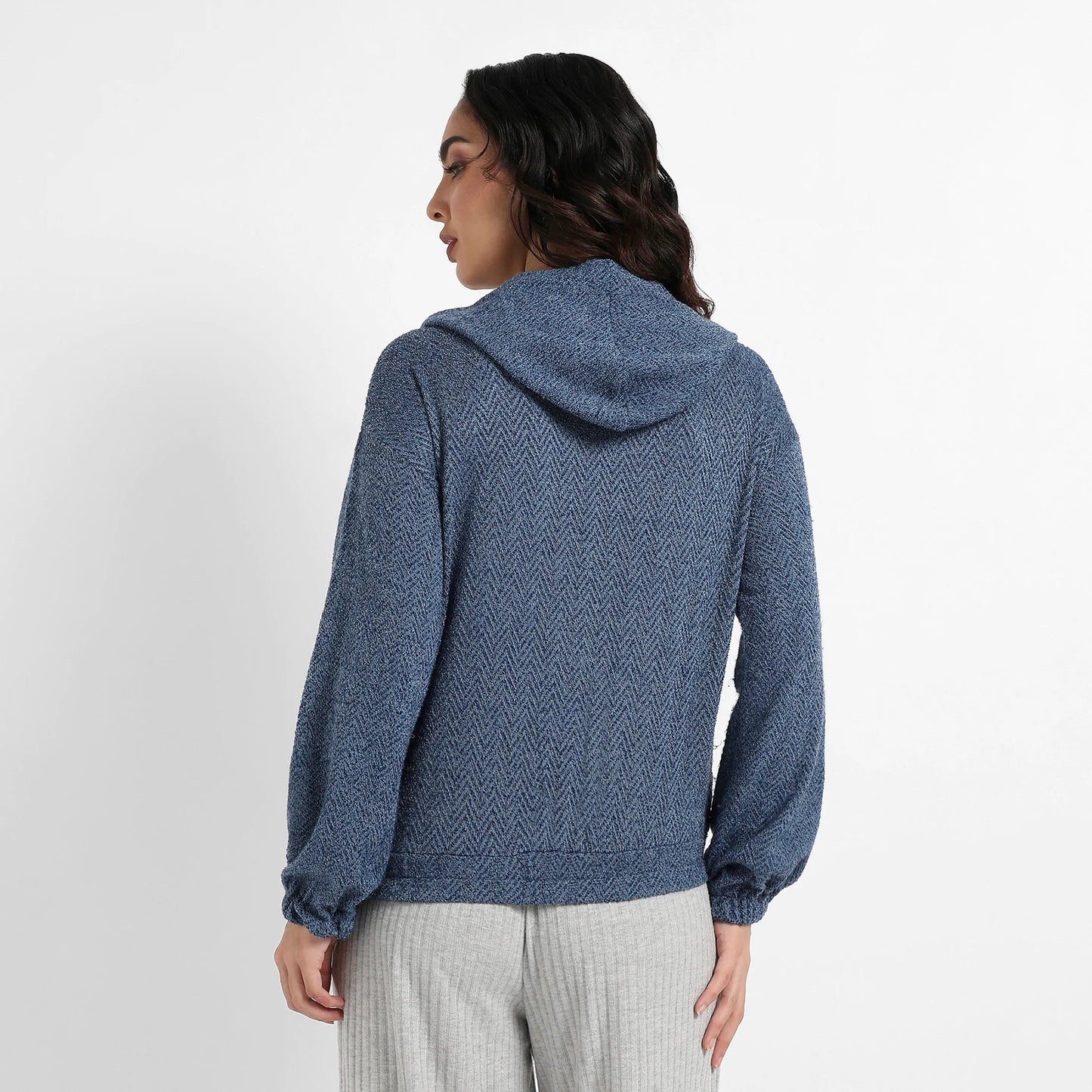 Prussian Blue Zip-Front Chevron Hoodie With Elasticated Hem