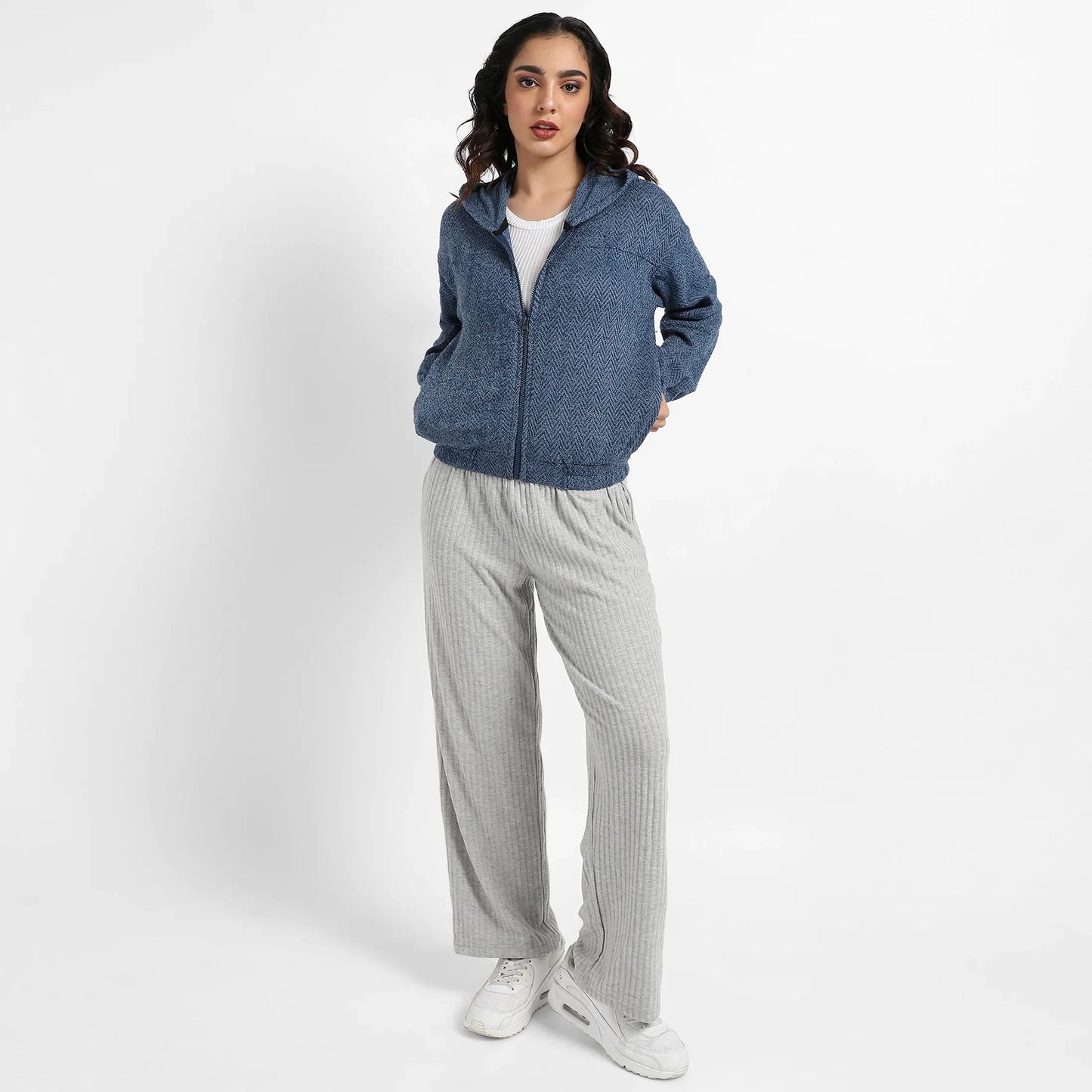 Prussian Blue Zip-Front Chevron Hoodie With Elasticated Hem