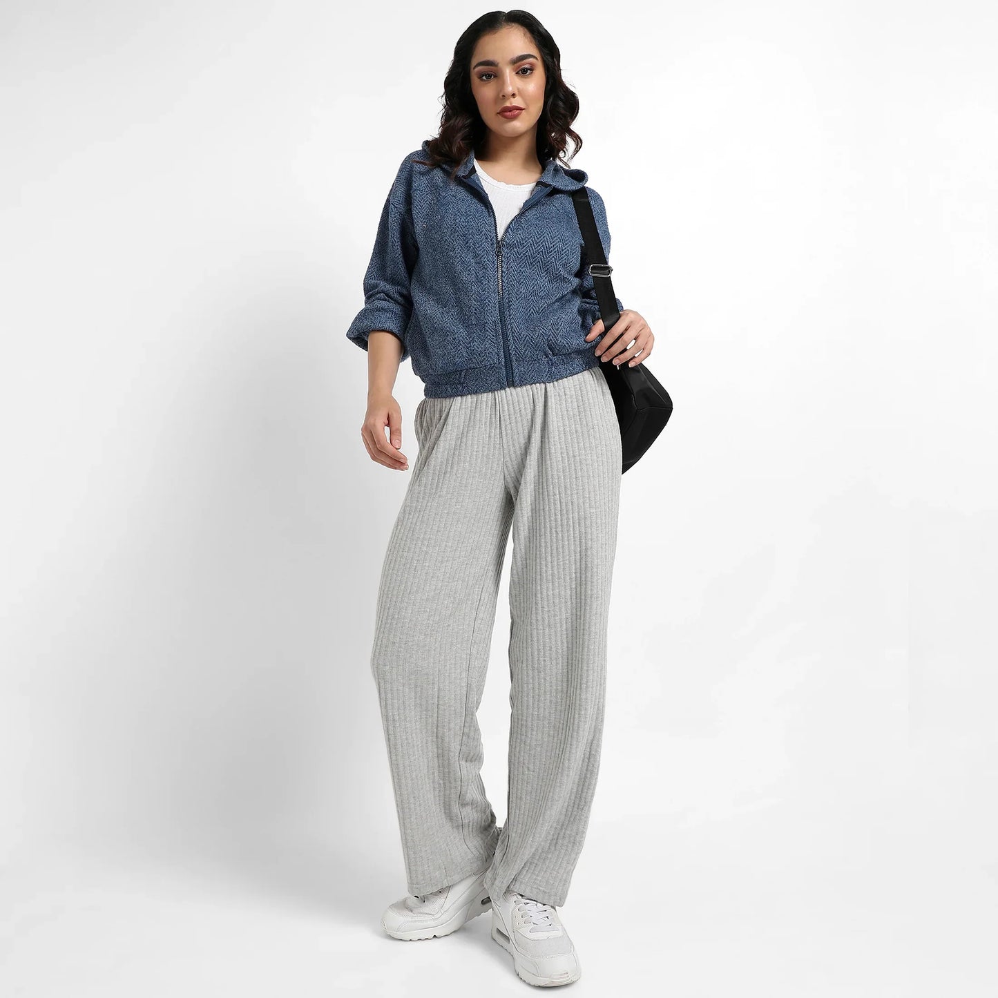 Prussian Blue Zip-Front Chevron Hoodie With Elasticated Hem