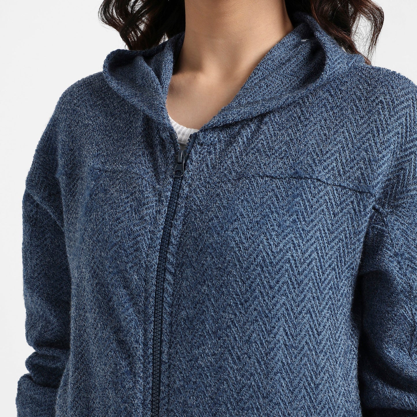 Prussian Blue Zip-Front Chevron Hoodie With Elasticated Hem
