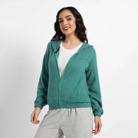 Teal Green Zip-Front Chevron Hoodie With Elasticated Hem