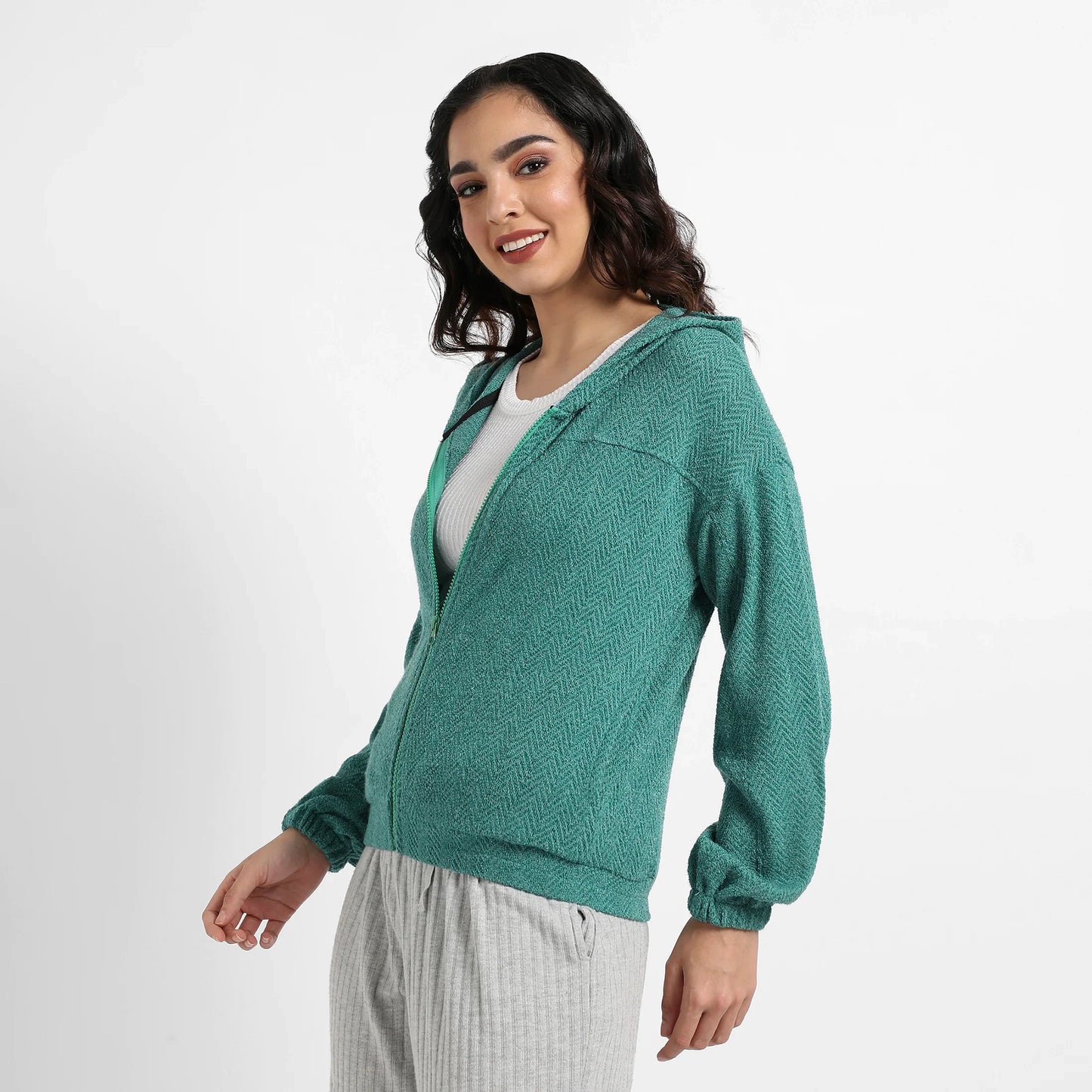 Teal Green Zip-Front Chevron Hoodie With Elasticated Hem