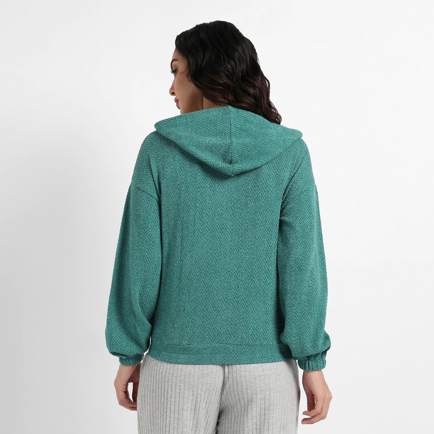 Teal Green Zip-Front Chevron Hoodie With Elasticated Hem