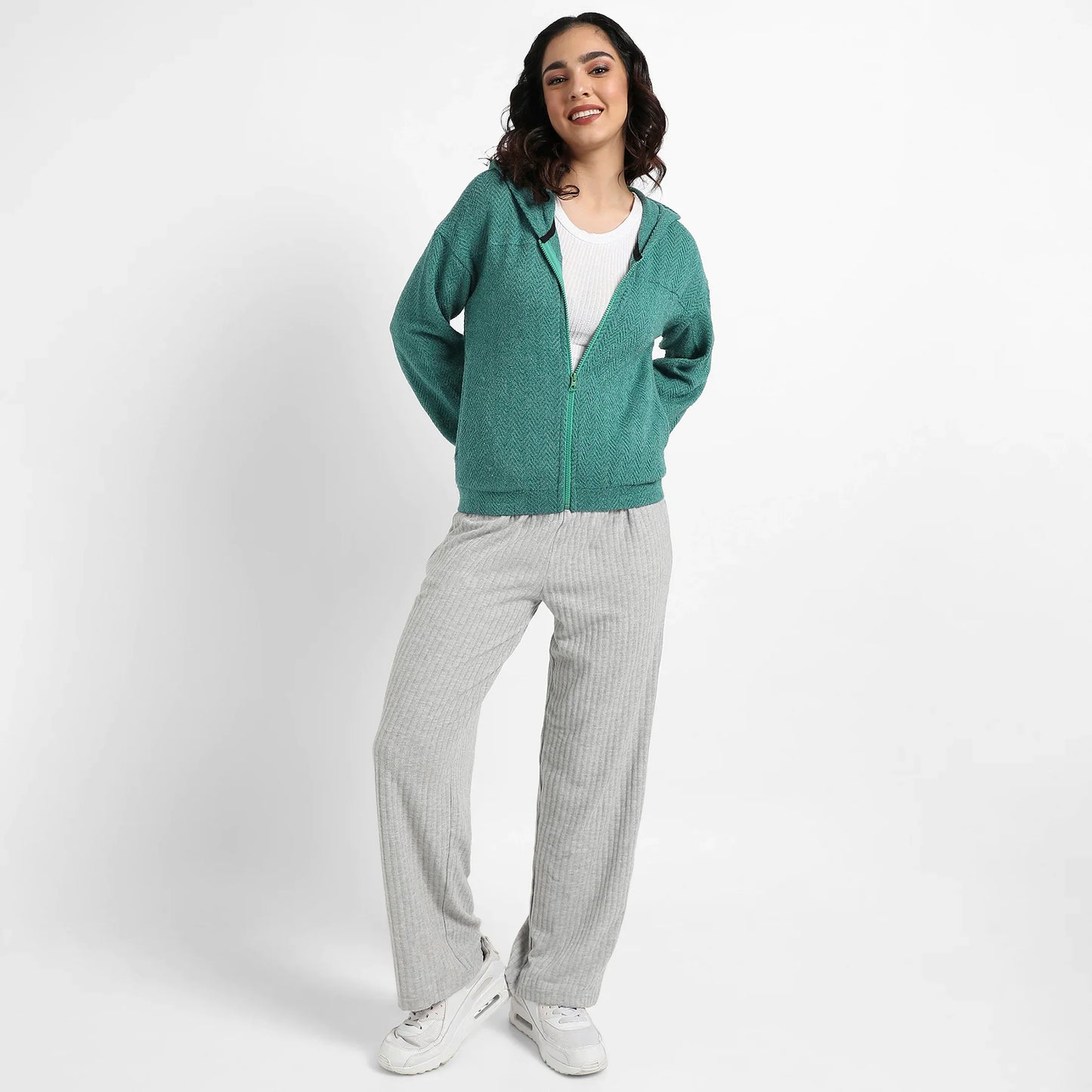 Teal Green Zip-Front Chevron Hoodie With Elasticated Hem