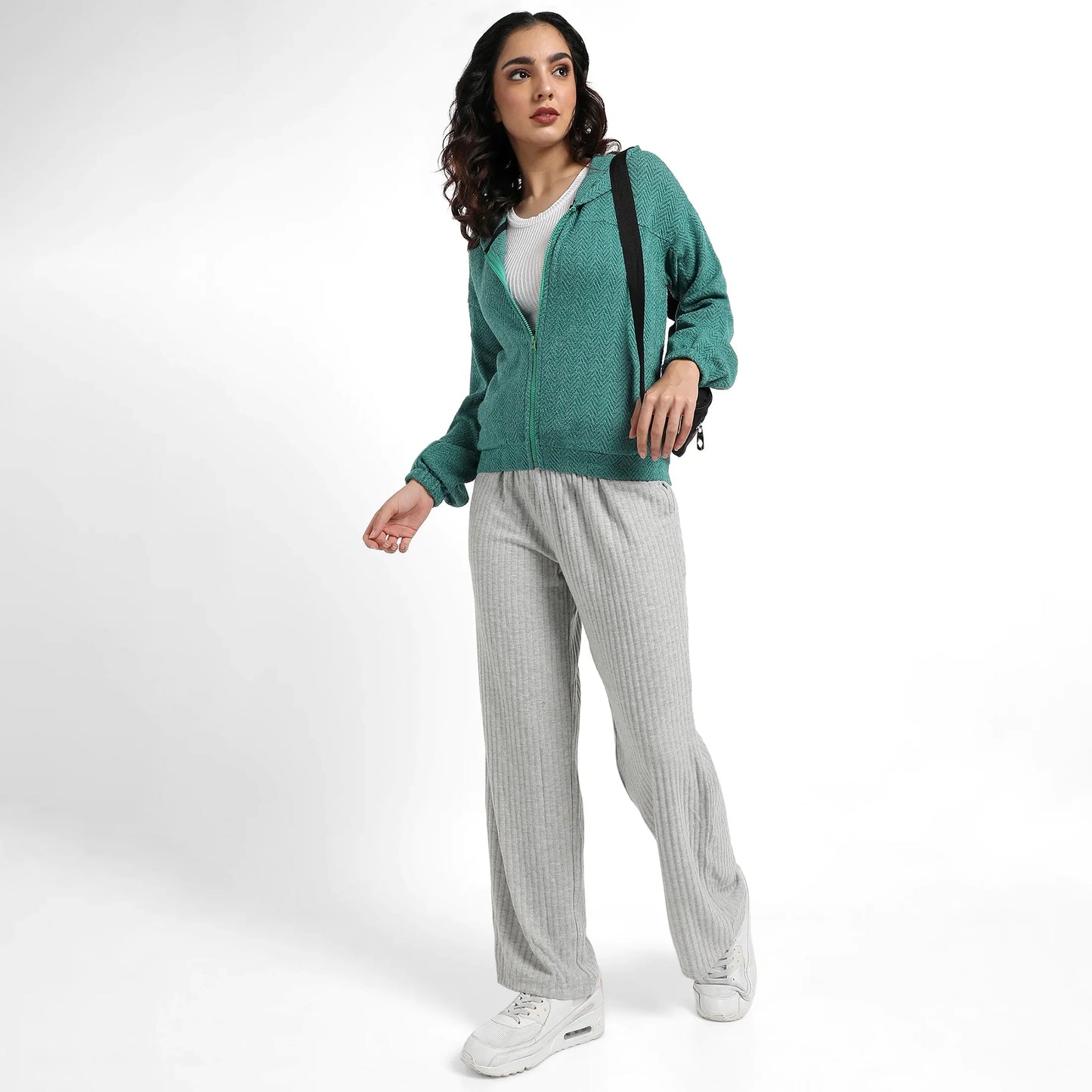 Teal Green Zip-Front Chevron Hoodie With Elasticated Hem