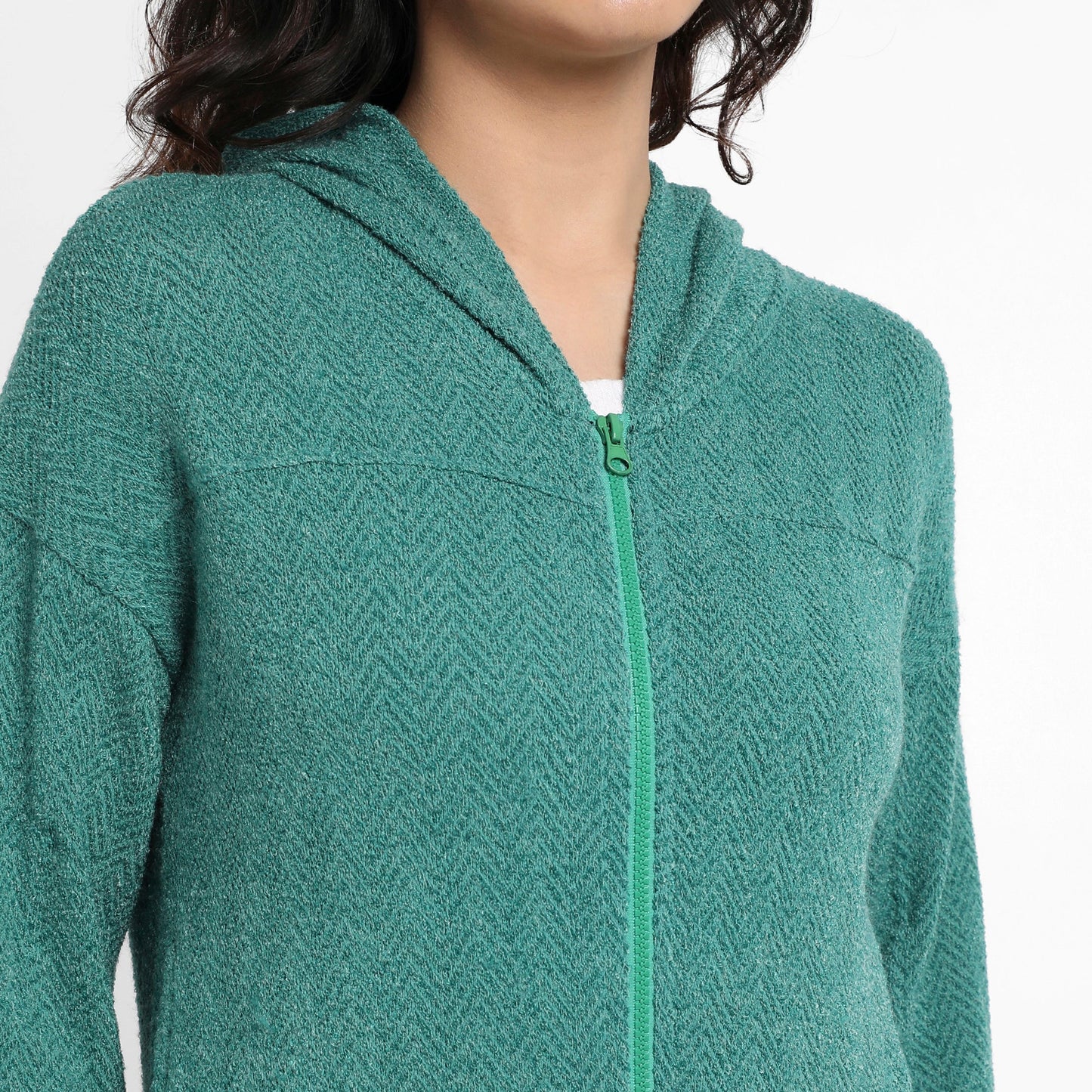 Teal Green Zip-Front Chevron Hoodie With Elasticated Hem