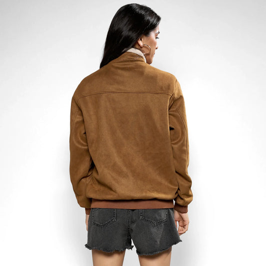 Brown Zip-Front Jacket With Fleece Detail
