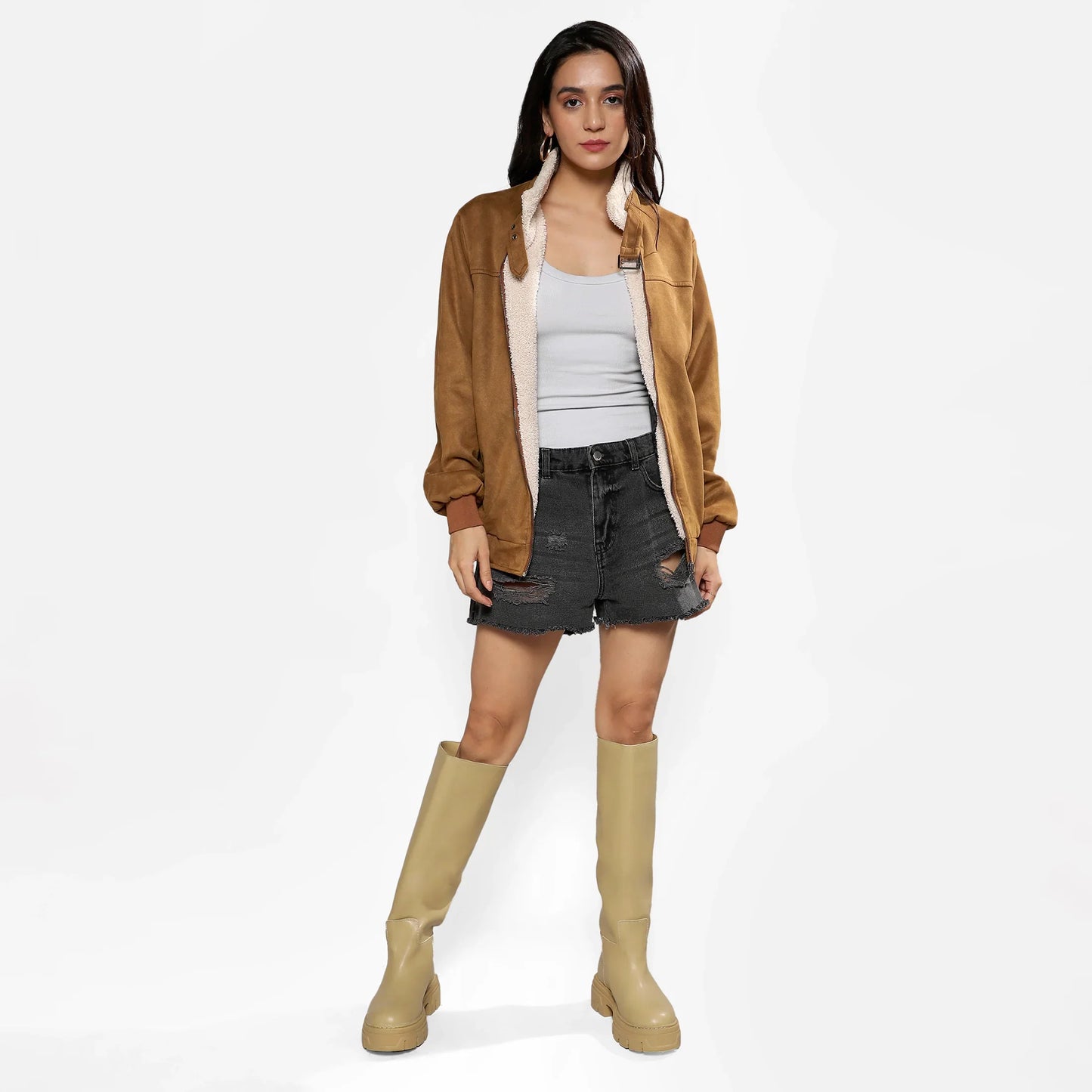 Brown Zip-Front Jacket With Fleece Detail