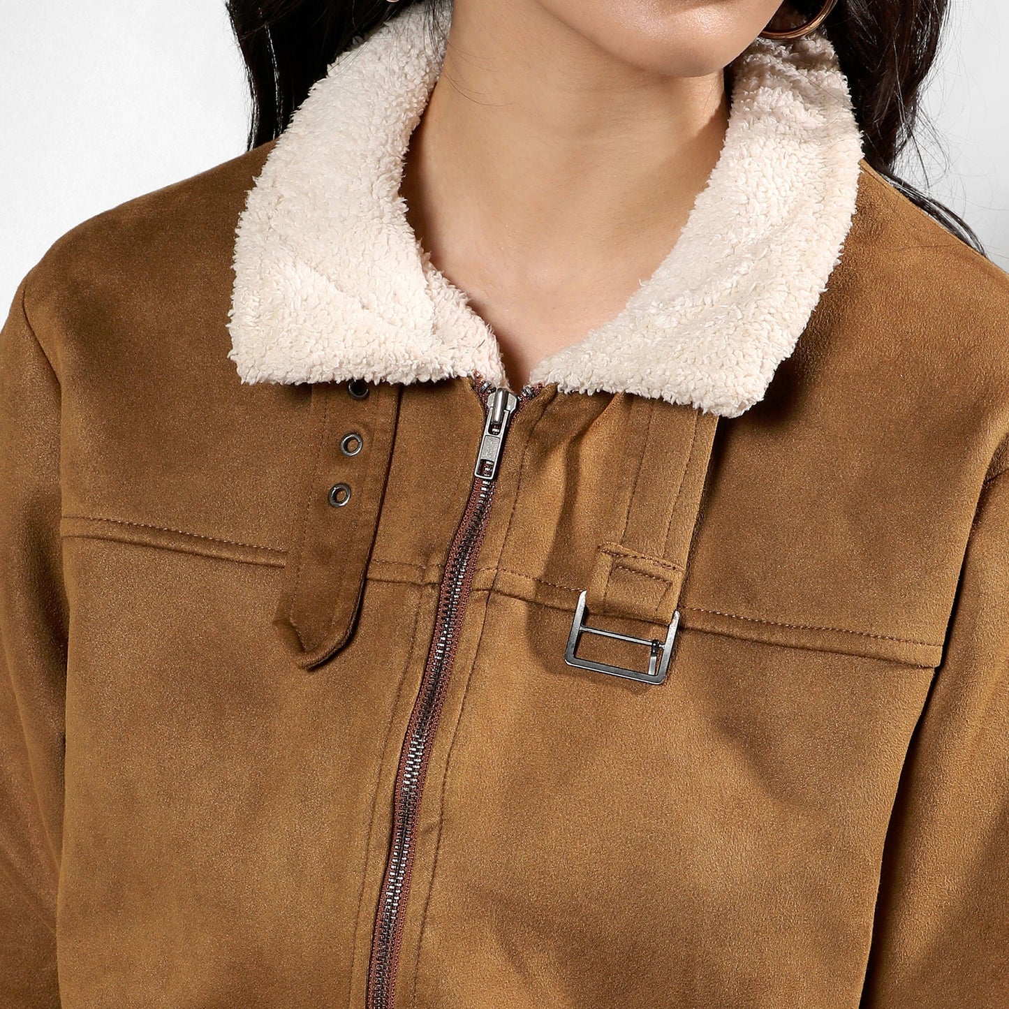 Brown Zip-Front Jacket With Fleece Detail
