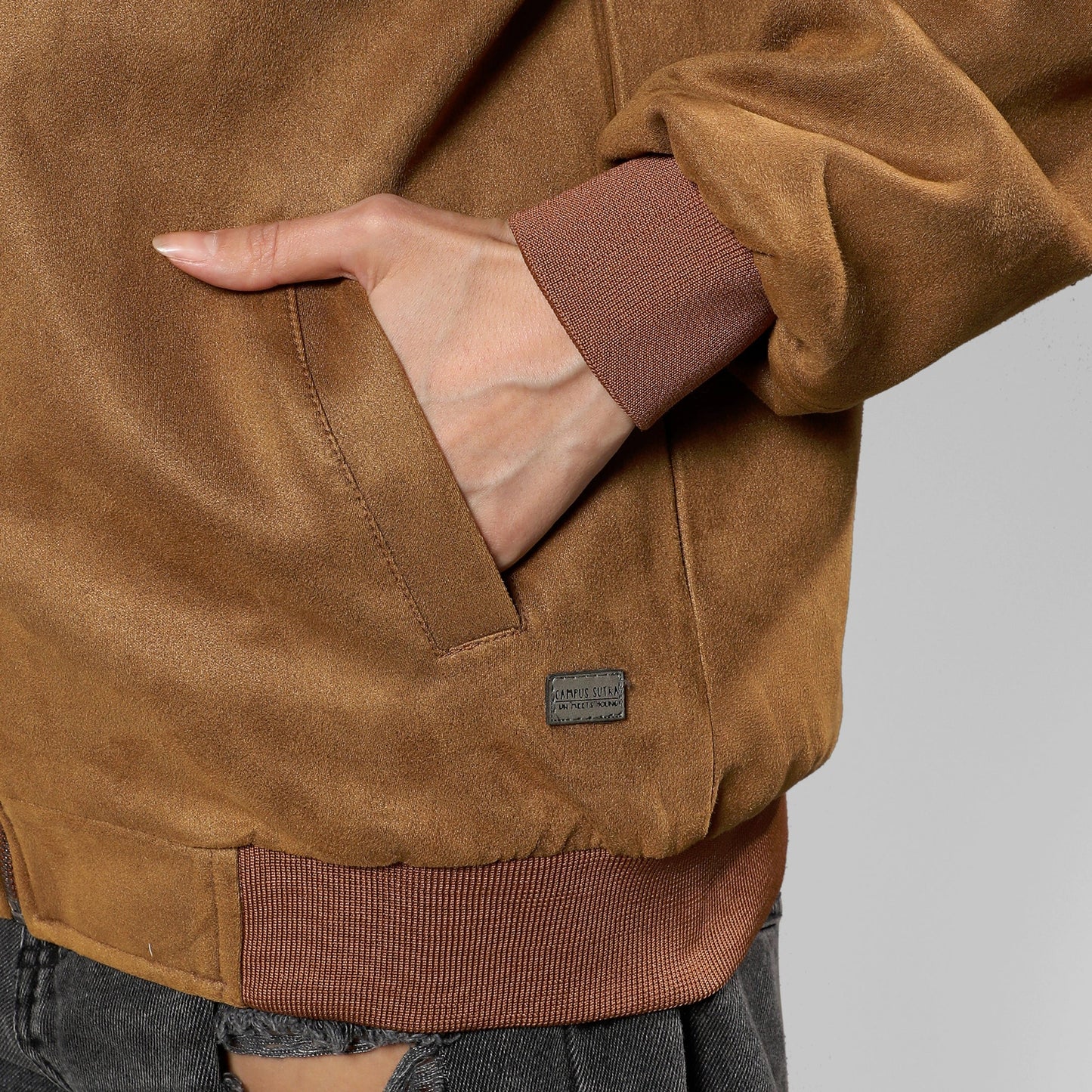 Brown Zip-Front Jacket With Fleece Detail