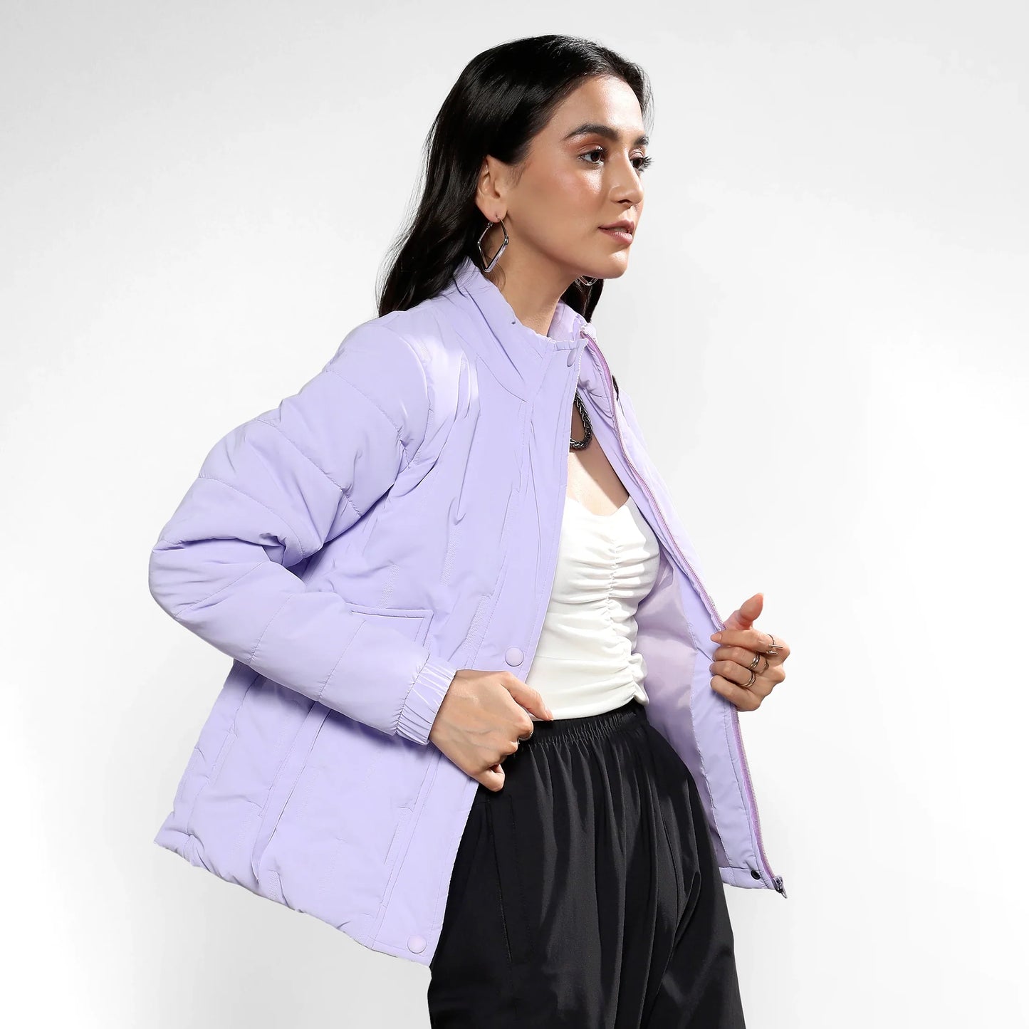 Light Purple Bar Quilted Puffer Jacket