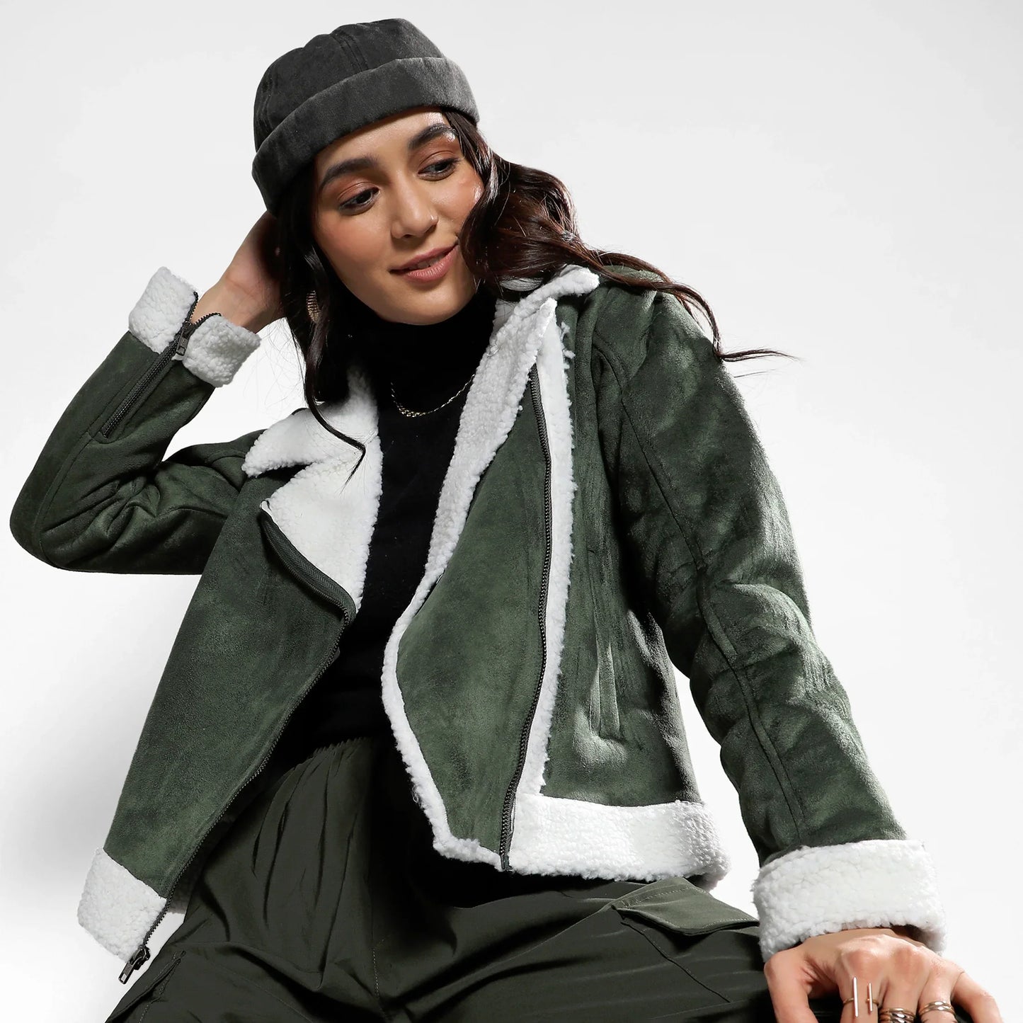 Seaweed Green Fleece Lined Biker Jacket