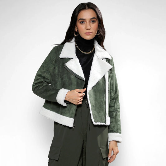 Seaweed Green Fleece Lined Biker Jacket